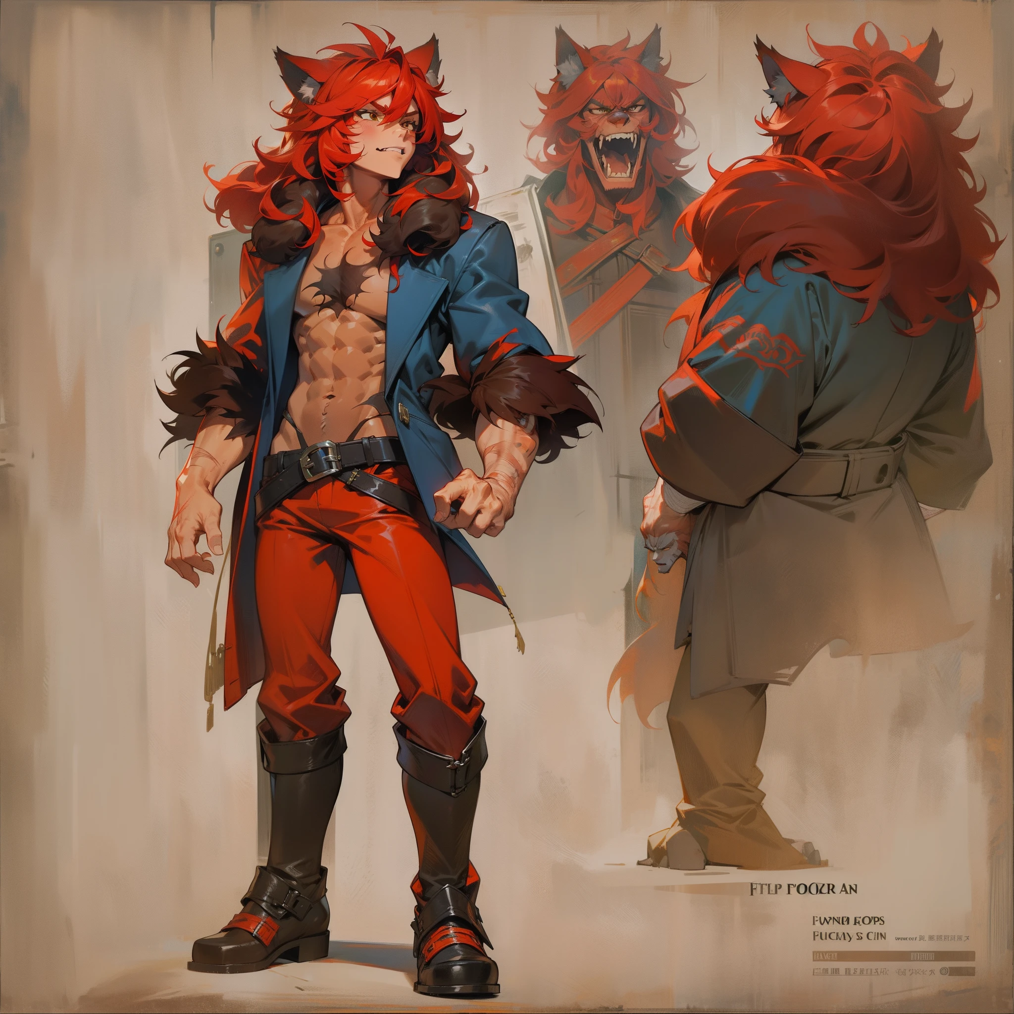 Beast man，Wolf ears，Red hair，Fit and fit，wind coat，Curls，Leather clothes，long trousers，Wolf paws，Fierce，Scar