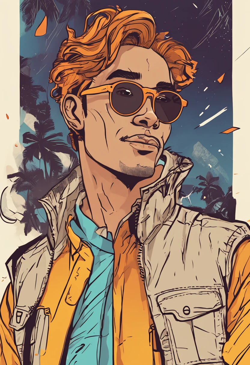 personagem de desenho animado, nerdy glasses, jaqueta laranja, fundo amarelo, parte superior do corpo, cabelo longo,