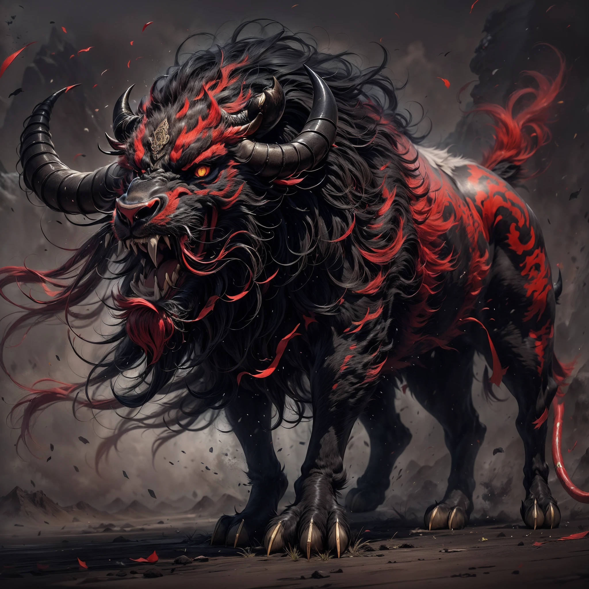 Kamada,((Masterpiece)),Best quality，Original,extremely detailed nipple，unreal 5 render，8k，
((Fabulous ferocious animal)),{{A combination of a lion's head and a bull's head}},{{ cow horn}},(Red and black color),(Four feet:1.5)，(Solo),Mountain,Big and strong,The demons,tyrannical,No Man