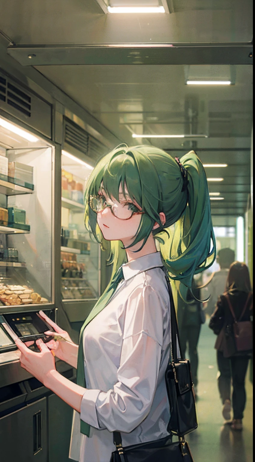 Young woman with green hair, round glasses, public space, contemplating, crowded space,