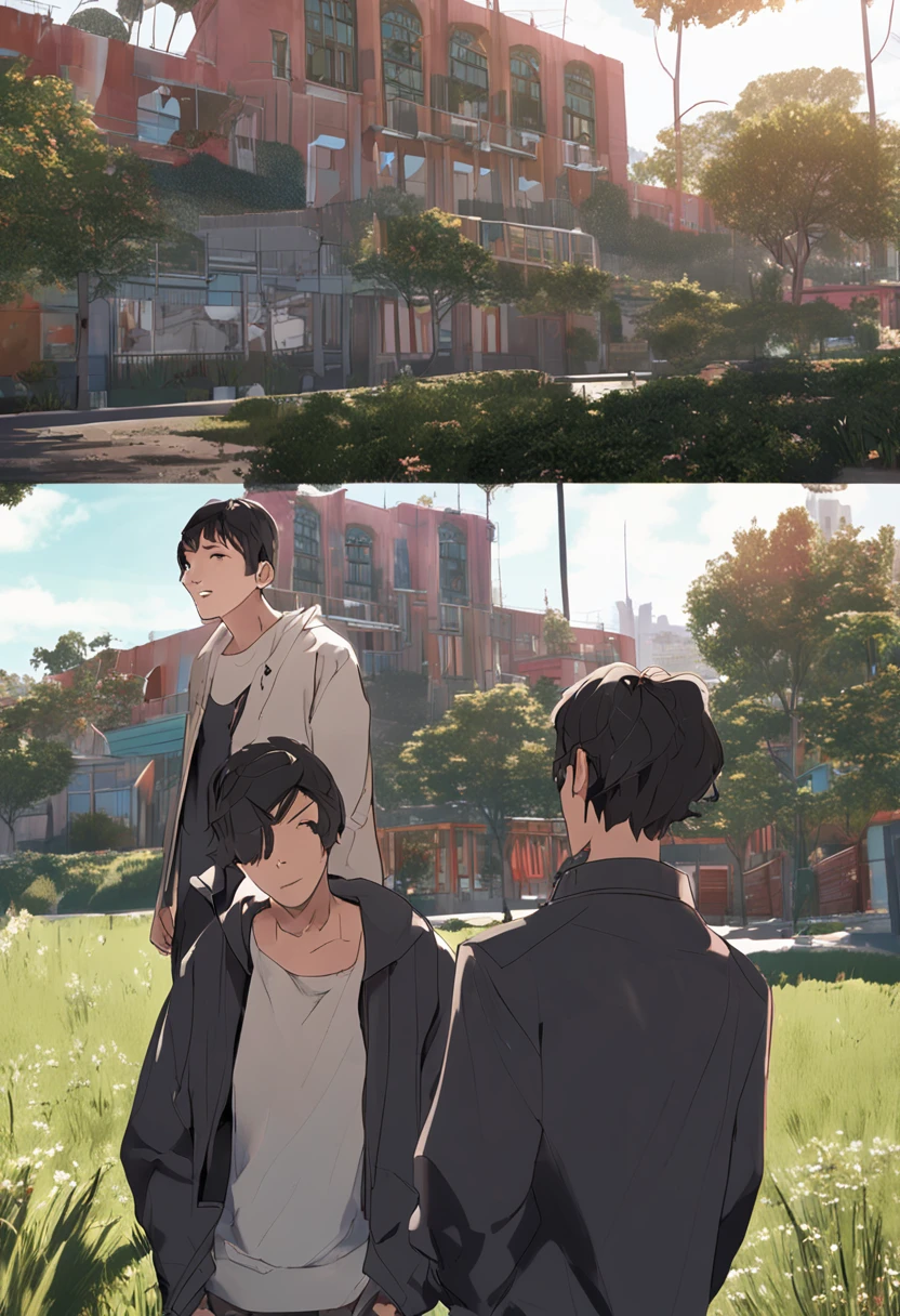 A 16-year-old male,Color-colored eyes,Short hair,Black student coat,Stand on the campus grass,The expression is serious,In the daytime