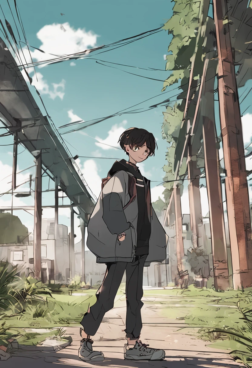 A 16-year-old male,Color-colored eyes,Short hair,Black student coat,Stand on the campus grass,The expression is serious,In the daytime