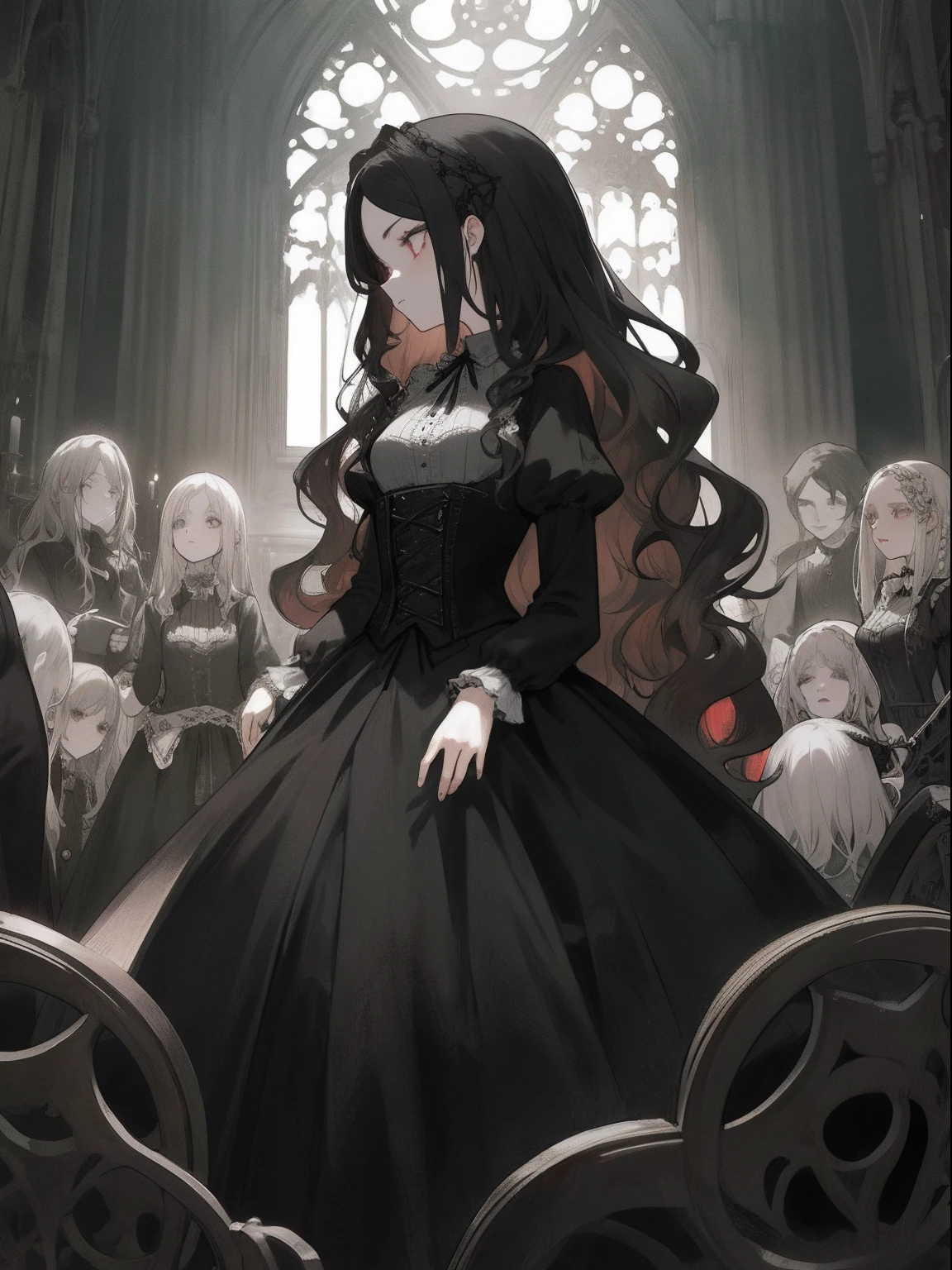 masterpiece, top-quality, 1girl in, The upper part of the body, History reference: World of Gothic Horror、hairstyle on: long, Wavy Hair、garments: Gothic dresses and corsets、Practice: In beats、frontage,bustup、