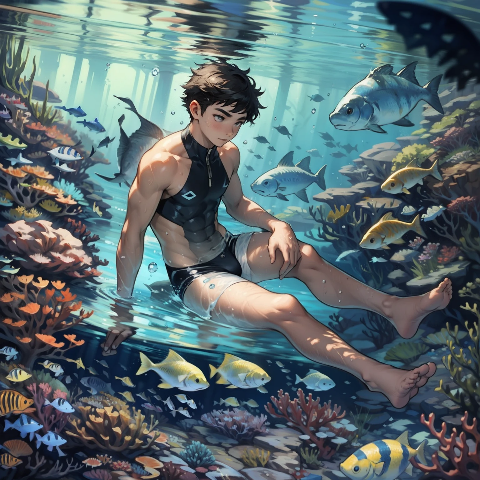 A boy swims at the bottom of the sea,drak