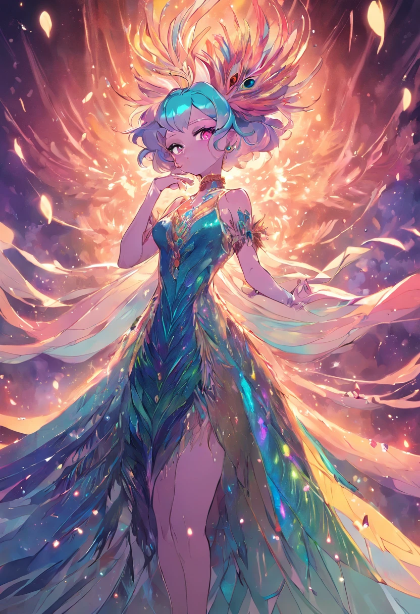 "A magnificent drag queen radiating a captivating and ethereal essence, reminiscent of the resplendent colors and grace of a majestic rainbow peacock."