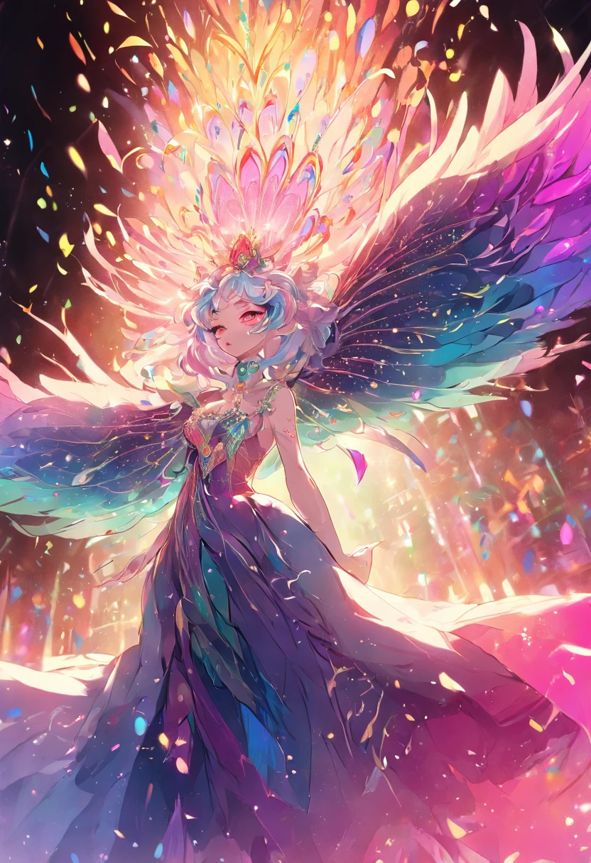 "A magnificent drag queen radiating a captivating and ethereal essence, reminiscent of the resplendent colors and grace of a majestic rainbow peacock."