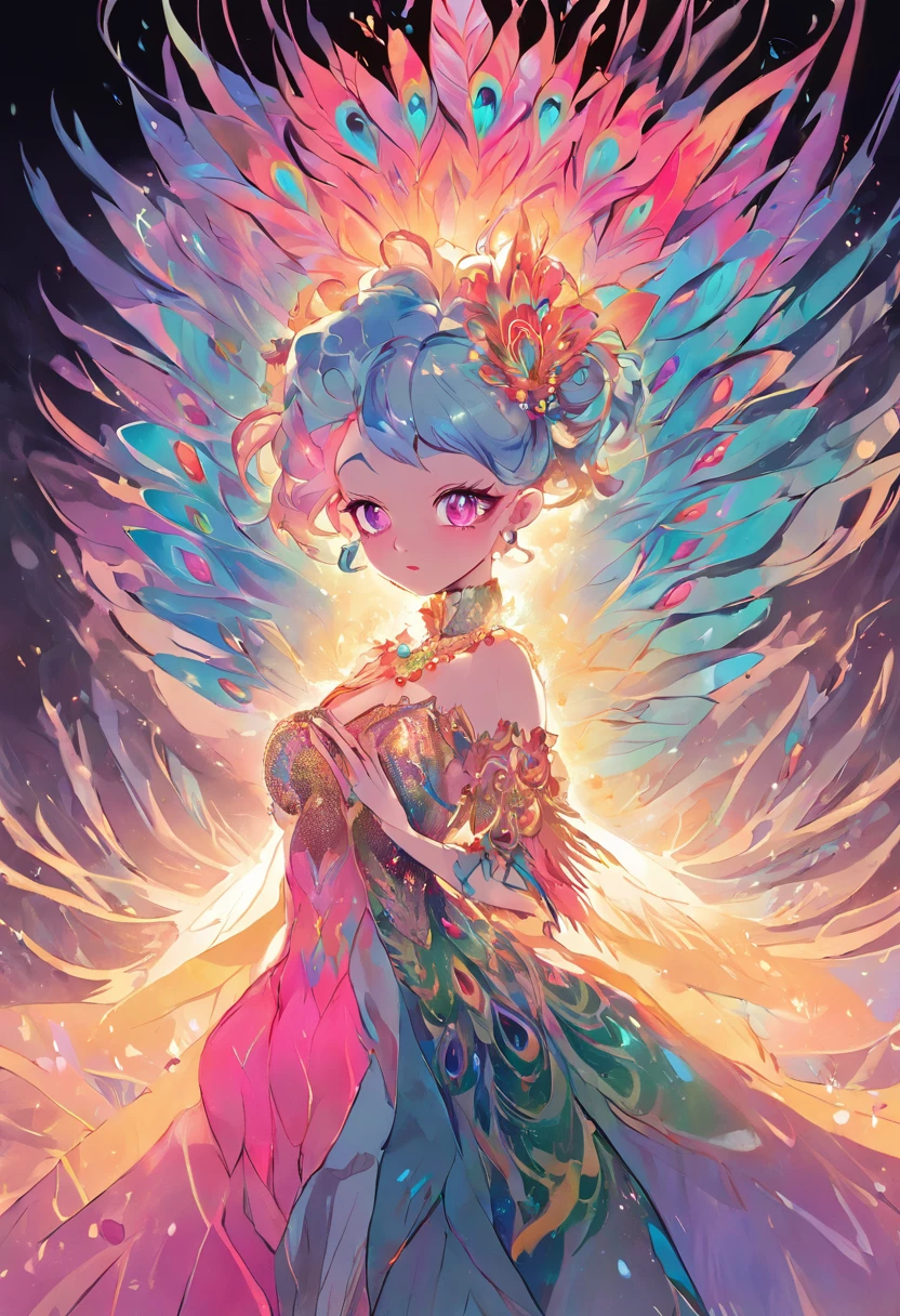 "A magnificent drag queen radiating a captivating and ethereal essence, reminiscent of the resplendent colors and grace of a majestic rainbow peacock."