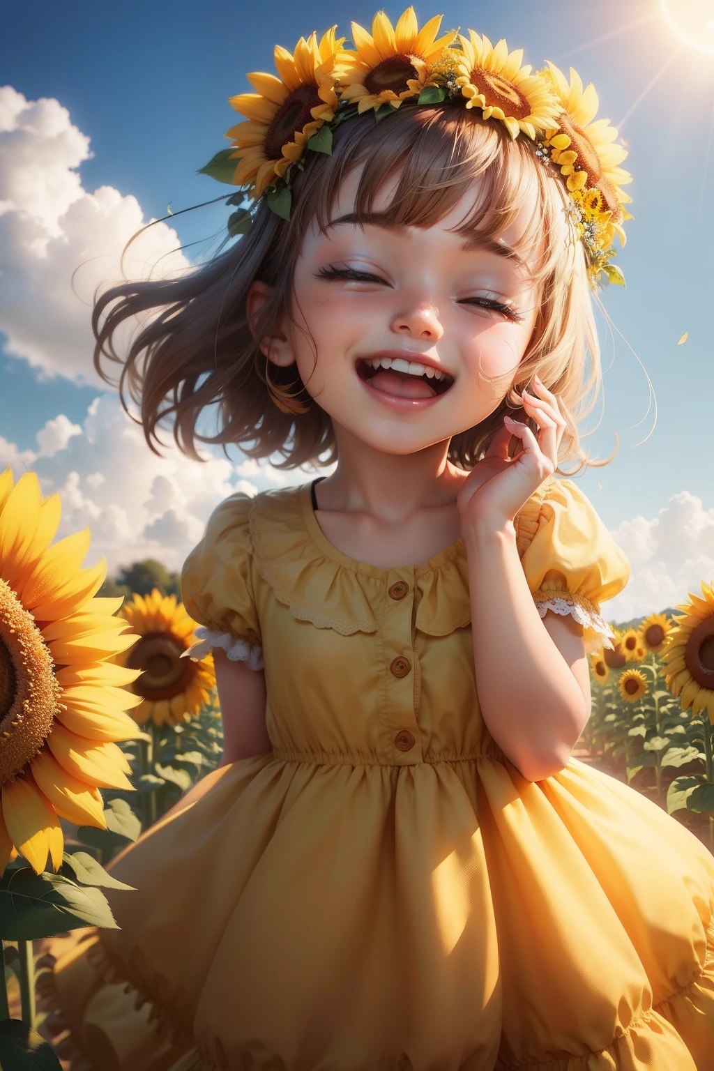 3D style,frontage,Hands on cheeks,big laughter,A garland of sunflowers is worn on his head,bit girl,and the sun was shining brightly,adolable