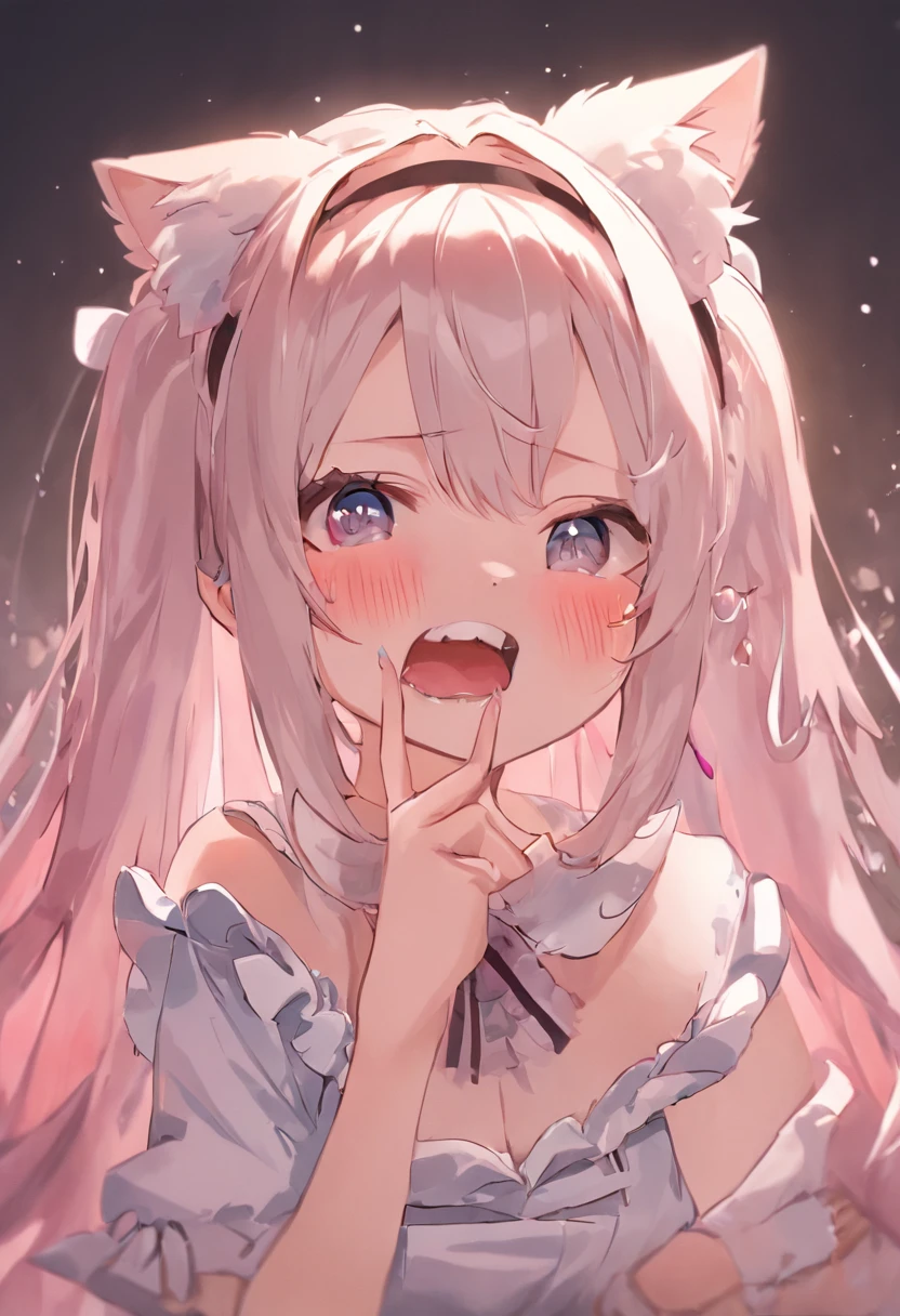 Blonde hair, White hair, double tails, Very long hair, Big hair, Hairline, hair on one eye, Low Twin Tails, huge ahoge, Nurse hat, maid headdress, Mask, star hair ornament, cat hair ornament, Light smile, Tongue stock, saliva, fingersmile, Tongue out, full blush, hearts in eyes, rough breath, Moaning, Naughty face, saliva trail, saliva trail, Light blush, nose blush, Blonde hair, White hair, double tails, Very long hair, Big hair, Hairline, hair on one eye, Low Twin Tails, huge ahoge, Nurse hat, maid headdress, Mask, star hair ornament, cat hair ornament, Light smile, Tongue stock, saliva, fingersmile, Tongue out, full blush, hearts in eyes, rough breath, Moaning, Naughty face, saliva trail, saliva trail, Light blush, nose blush, High detail, High detail, hyper HD, Masterpiece, Anatomically correct, Textured skin, Super detail, High quality, High details, Best quality, A high resolution, 16k, 1080p, HD, 4K, 8K, hyper HD, Masterpiece, Anatomically correct, Textured skin, Super detail, High quality, High details, Best quality, A high resolution, 16k, 1080p, HD, 4K, 8K