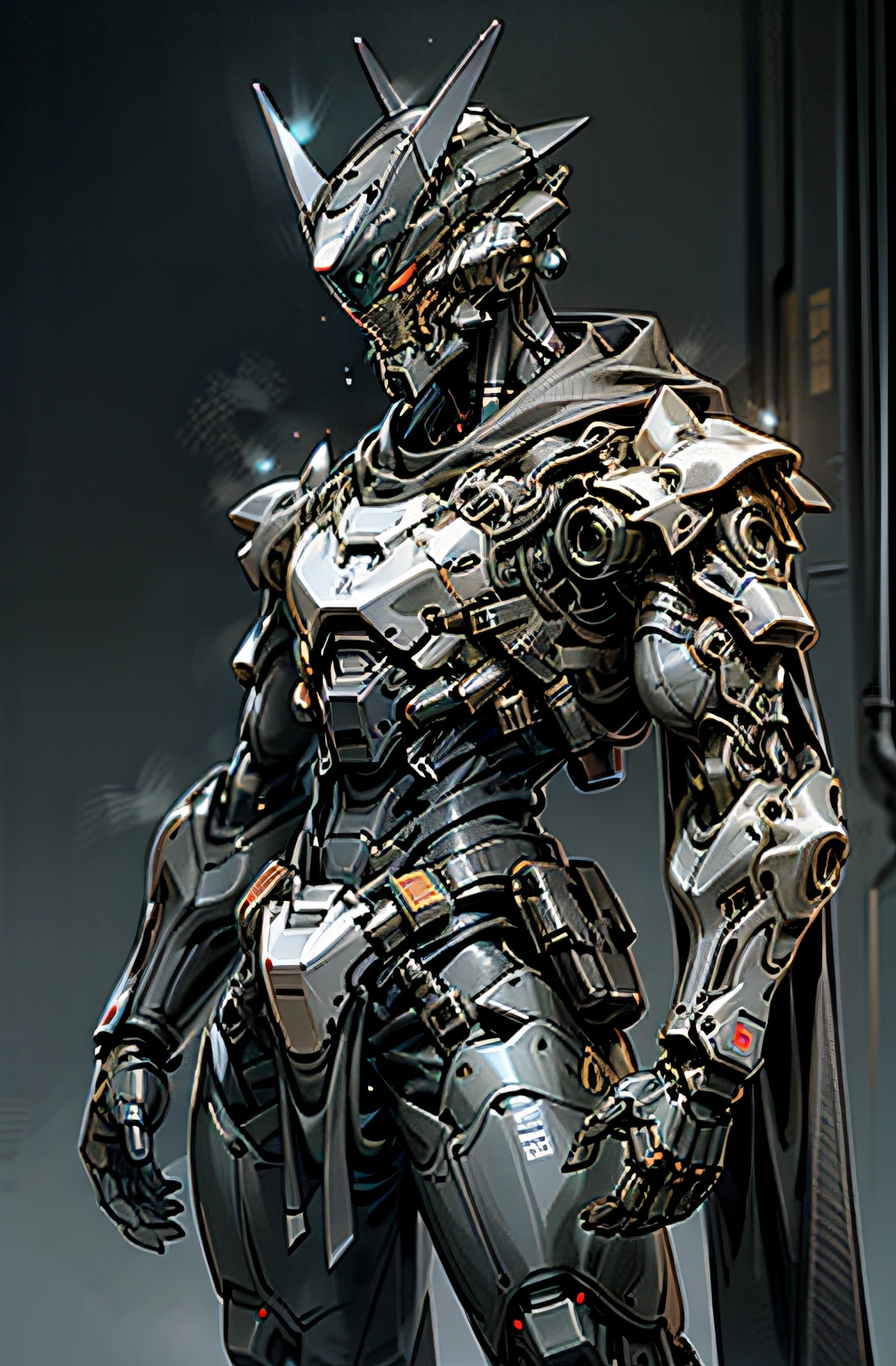 Dark_Fantasy,Cyberpunk,1manMechanical marvel,Robotic presence,Cybernetic guardian, samurai mechanical armour, katana on the waist, absolutely stunning art,wearing a black cloak, highest quality art, highest resolution, hyper detailed,black and red, futuristic, samurai robot, atmospheric,8k,64k, HD, unparalleled masterpiece, dynamic lighting, cinematic, epic