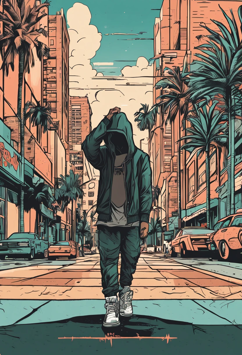 Palm trees and urban architecture in the background, black hoodie,AF1s jeans for men,Double Styrofoam cup in my left hand ,Retro,2D,illustration