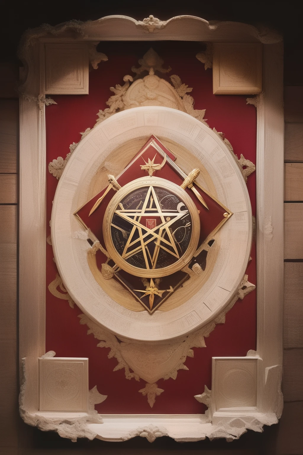 is a badge;There are some patterns,Including the sword;Heavenly Fly;pentacle,Rice,book;The color is gold,white colors,red colour