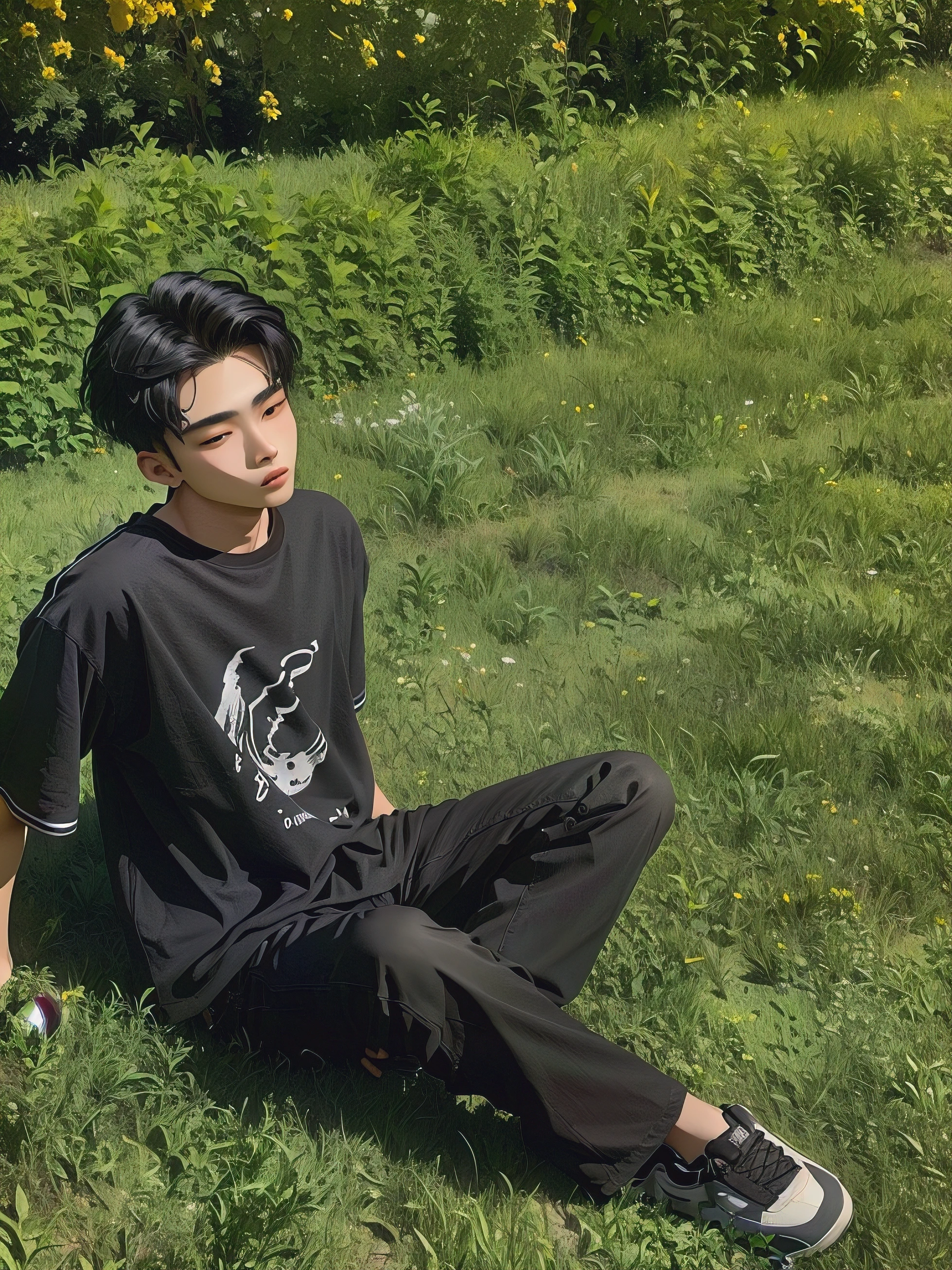 The Arafad boy sits on the grass,Frisbee in hand, sat on the ground, sitting on green grass, park jimin, he is wearing a black t-shirt, Kim Tae-joon, hyung tae, On a sunny day, Dyeing, jimin, Sitting in the garden, tommy 1 6 , In the grass, inspired by Chen Chi,Yellow hair