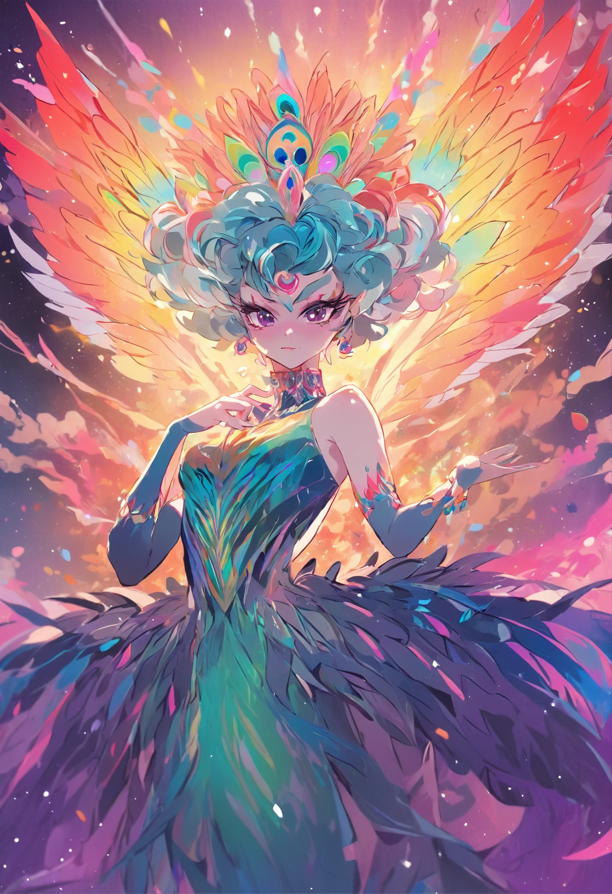 "A magnificent drag queen radiating a captivating and ethereal essence, reminiscent of the resplendent colors and grace of a majestic rainbow peacock."