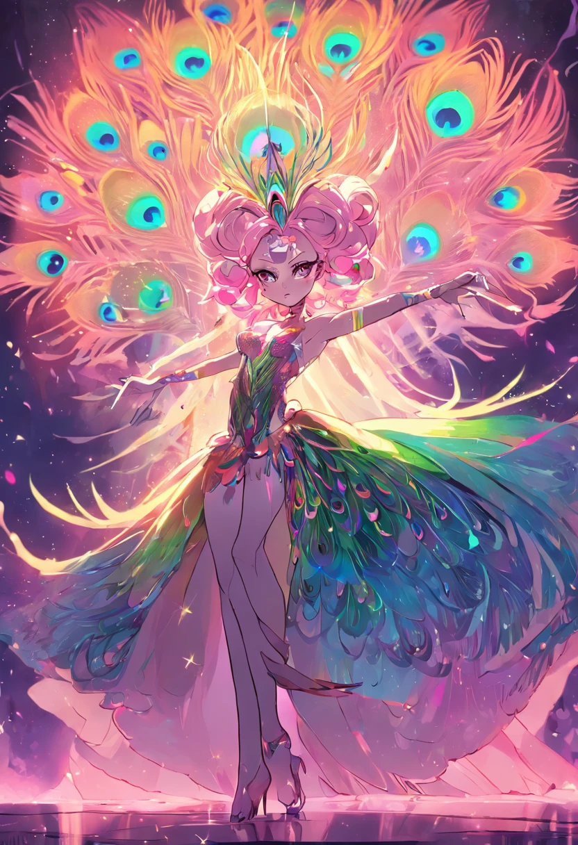 "A magnificent drag queen radiating a captivating and ethereal essence, reminiscent of the resplendent colors and grace of a majestic rainbow peacock."