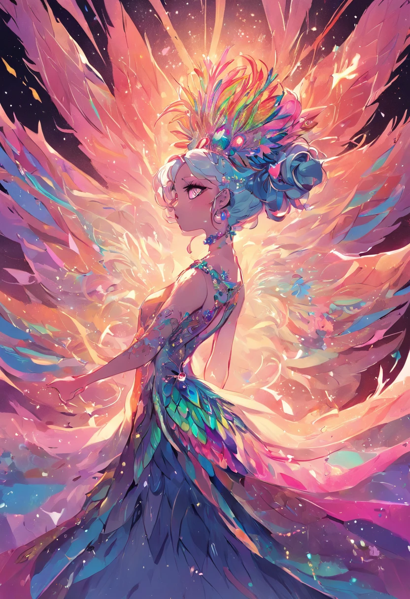"A magnificent drag queen radiating a captivating and ethereal essence, reminiscent of the resplendent colors and grace of a majestic rainbow peacock."
