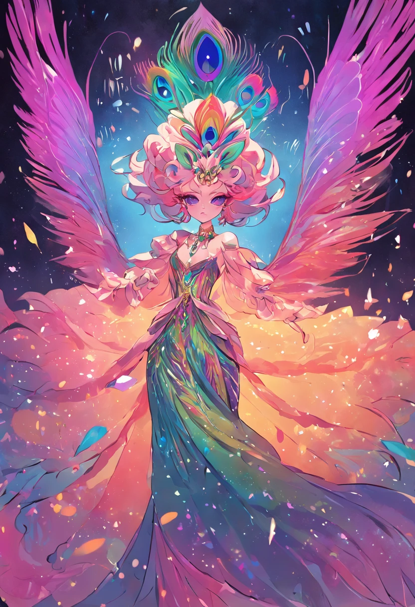 "A magnificent drag queen radiating a captivating and ethereal essence, reminiscent of the resplendent colors and grace of a majestic rainbow peacock."