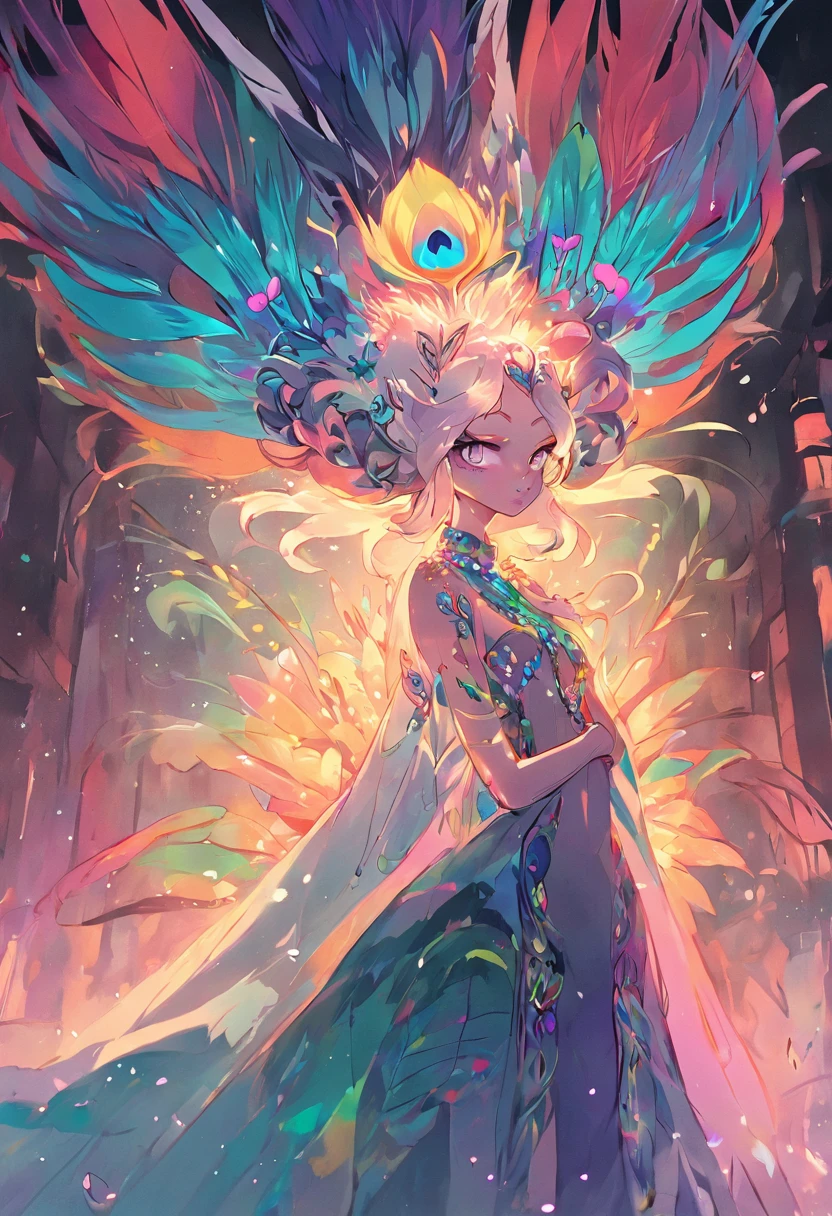 "A magnificent drag queen radiating a captivating and ethereal essence, reminiscent of the resplendent colors and grace of a majestic rainbow peacock."