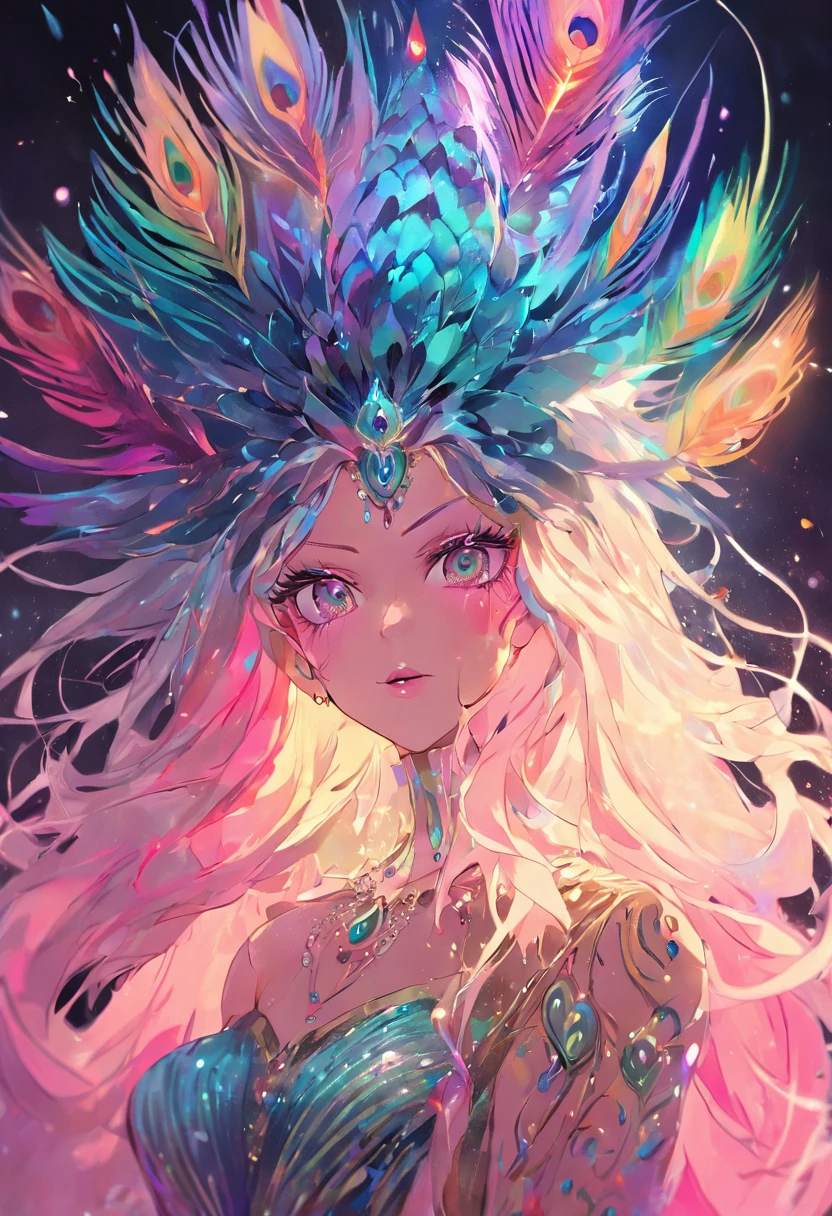 "A magnificent drag queen radiating a captivating and ethereal essence, reminiscent of the resplendent colors and grace of a majestic rainbow peacock."