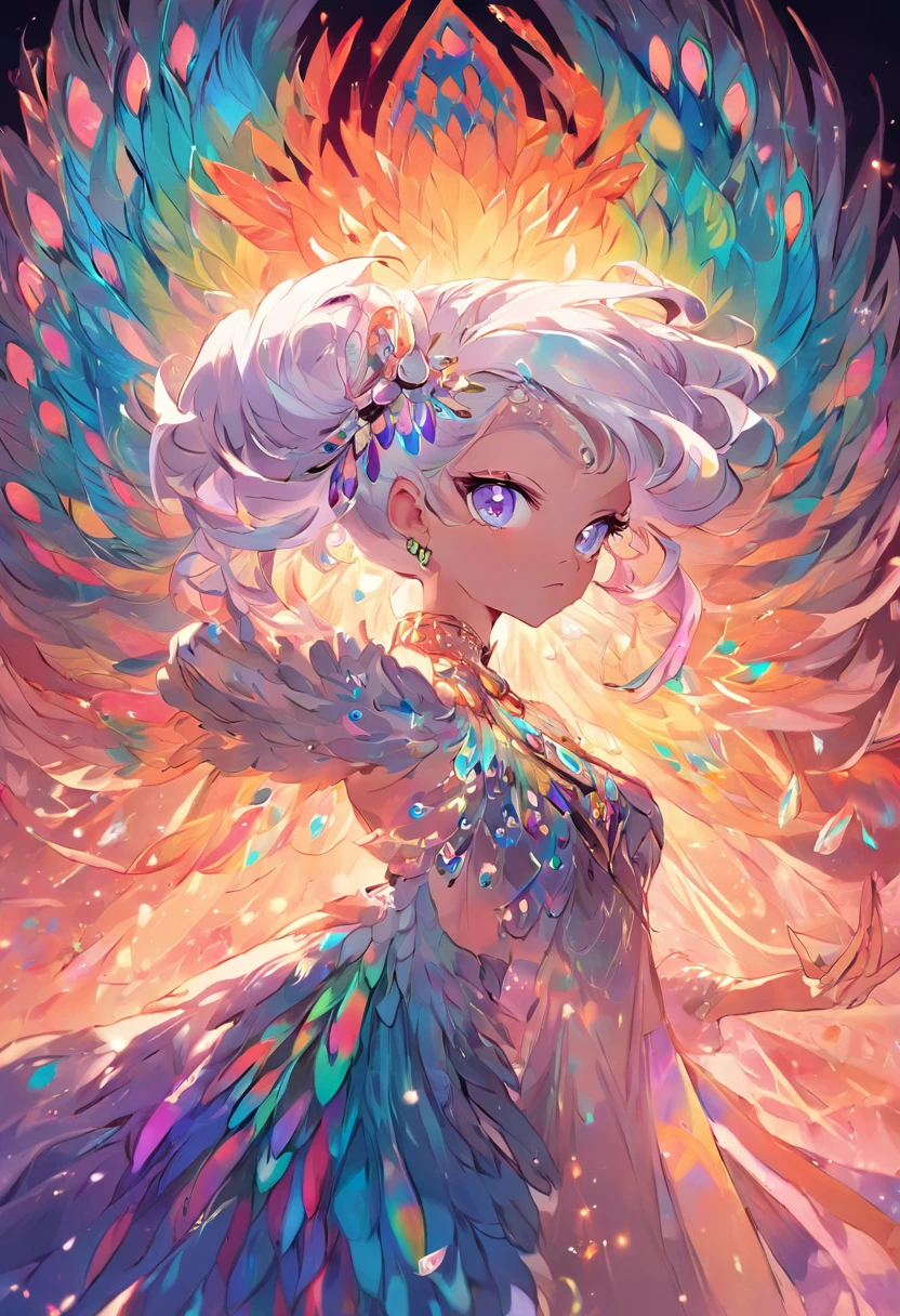 "A magnificent drag queen radiating a captivating and ethereal essence, reminiscent of the resplendent colors and grace of a majestic rainbow peacock."