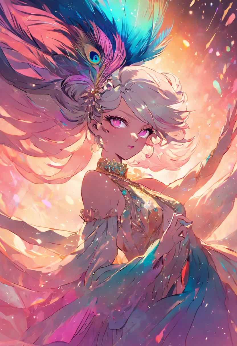 "A magnificent drag queen radiating a captivating and ethereal essence, reminiscent of the resplendent colors and grace of a majestic rainbow peacock."