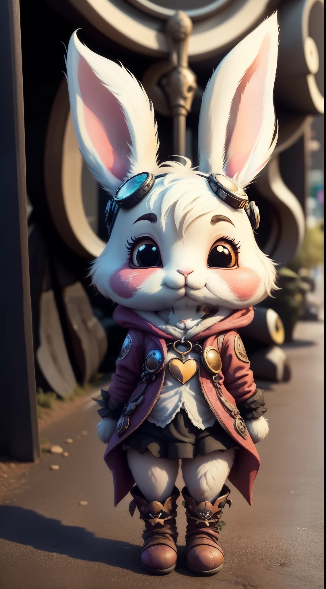 "Imaginative concept art of a cute rabbit"，Inspired by Lora， ((Best quality)), ((Masterpiece)), One with a gothic(bunny face)Hyper-detailed photography.Popular costumes in Harajuku style, Color fashion gloss polarized goggles，Bold colors and patterns, Eye-catching accessories, Trendy and innovative hairstyle, Vibrant makeup， ((Beautiful and aesthetic)).Stand in the middle of an empty city