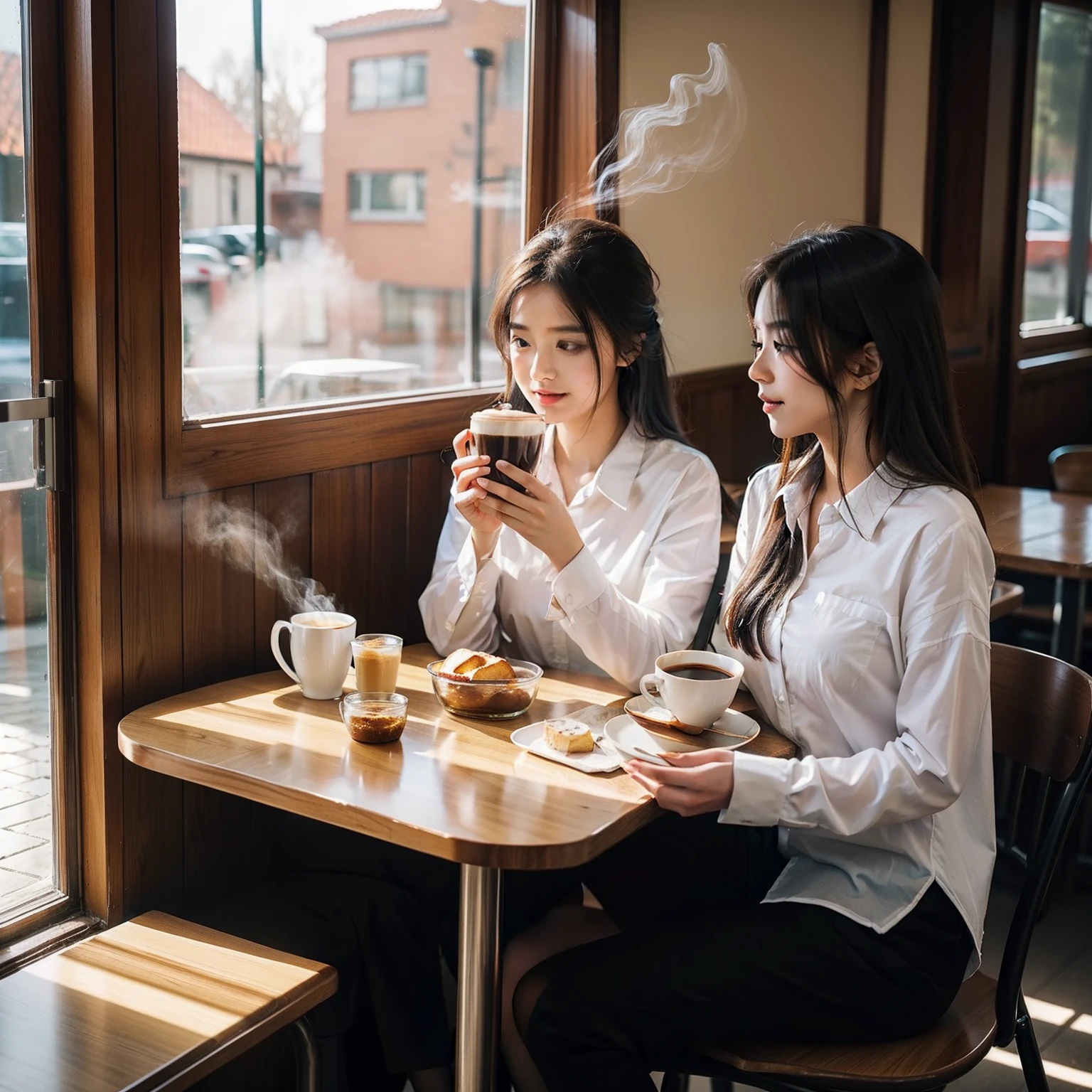 formal clothes, Breakfast in the cafeteria, Beautiful girls，Photoquality， neat hair, Natural makeup, cosy atmosphere, Steaming cup of coffee, Soft light.