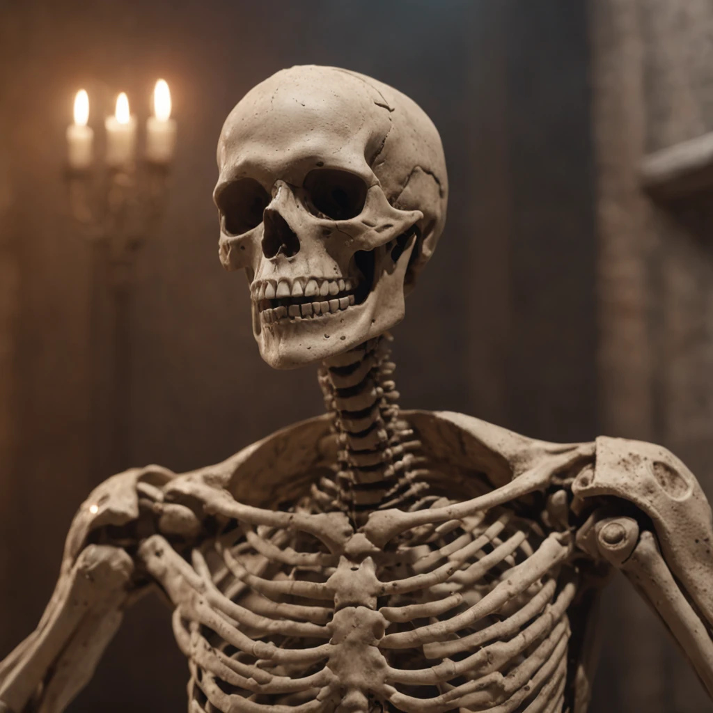 (Professional 3D Rendering:1.3) in the (Realistic:1.3) The most beautiful artwork photos in the world,Features a soft, shiny smiling skeleton, ((Invincible smile, majestic cluttered environment)), Large Bitcoin object in the background, Full body 8K unity rendering, action SHOT, Very dark lighting, Heavy shading, Chewed tobacco, Skeleton written in detail, (photos realistic, Realistic, Dramatic, Dark, Sharp Focus, 8K), (Old bones damaged by weathering:1.4), ((((Chewed tobacco)))), (Convoluted:1.4), Decadent, (Highly detailed:1.4), Digital Painting, rendering by octane, art stations, concept-art, Smooth, Sharp Focus, Illustration, Art Germ, (Roisch:0.23), Vlop Ilya Kuvshinov, Gregg Rutkowski and Alphonse Mucha Gracias, (Global Illumination, studio lights, volumettic light), Heavy rain, particles floating, lotr, Fantasy, elf, full body Esbian, ((Dark ancient city background:1.3)),CG Sessa,art stations