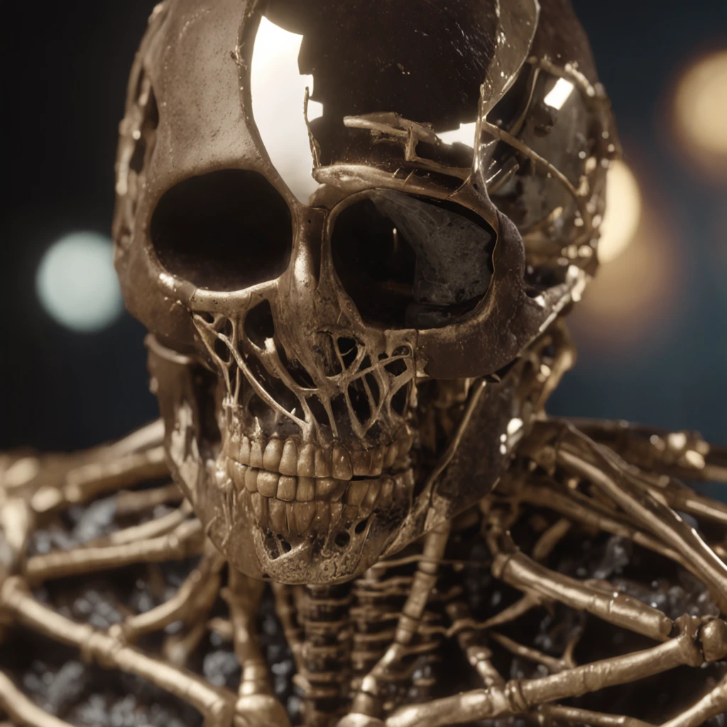 (Professional 3D Rendering:1.3) in the (Realistic:1.3) The most beautiful artwork photos in the world，Features a soft, shiny smiling skeleton, ((Invincible smile,  majestic cluttered environment)), Large Bitcoin object in the background, Full body 8K unity rendering, action SHOT, Very dark lighting, Heavy shading, Chewed tobacco, Skeleton written in detail, (photos realistic, Realistic, Dramatic, Dark, Sharp Focus, 8K), (Old bones damaged by weathering:1.4), ((((Chewed tobacco)))), (Convoluted:1.4), Decadent, (Highly detailed:1.4), Digital Painting, rendering by octane, art  stations, concept-art, Smooth, Sharp Focus, Illustration, Art Germ, (Roisch:0.23), Vlop Ilya Kuvshinov, Gregg Rutkowski and Alphonse Mucha Gracias, (Global Illumination, studio lights, volumettic light), Heavy rain, particles floating, lotr, Fantasy, elf, full body Esbian, ((Dark ancient city background:1.3)),CG Sessa,art  stations