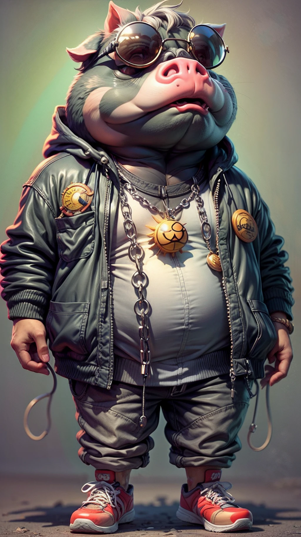 （anthropomorphic turtle），（full body shot of），solo person，1 pig，Fat wearing hip-hop clothing，sun glasses，Cool tourist shoes,standing on two feet，There is a gold chain around the neck,Gray gradient background，（plethora of colors，Best quality，Highly meticulous，tmasterpiece，cinmatic lighting，4K，Chiaroscuro）