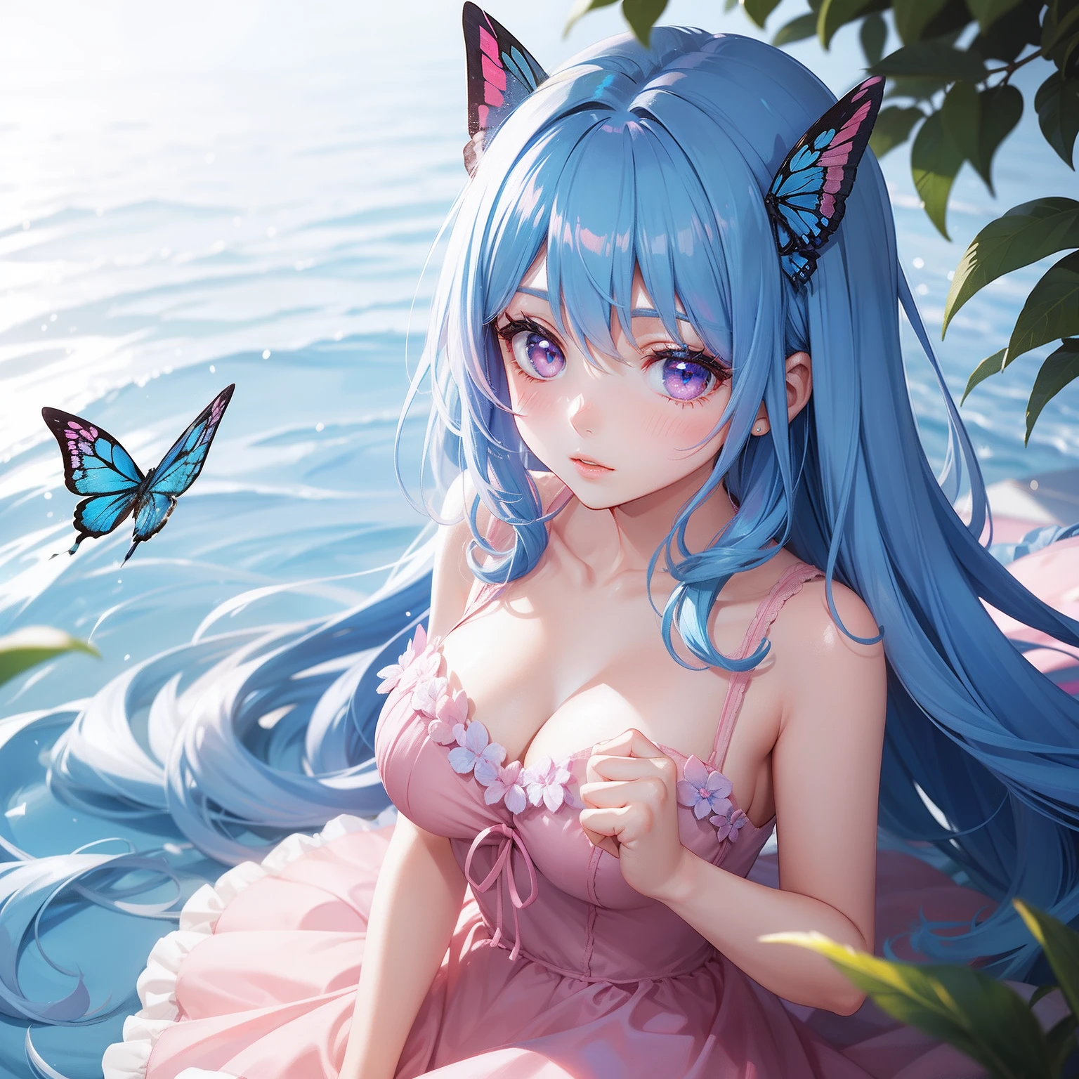 a women, blue butterfly, blue hair, pink eyes, pink dress