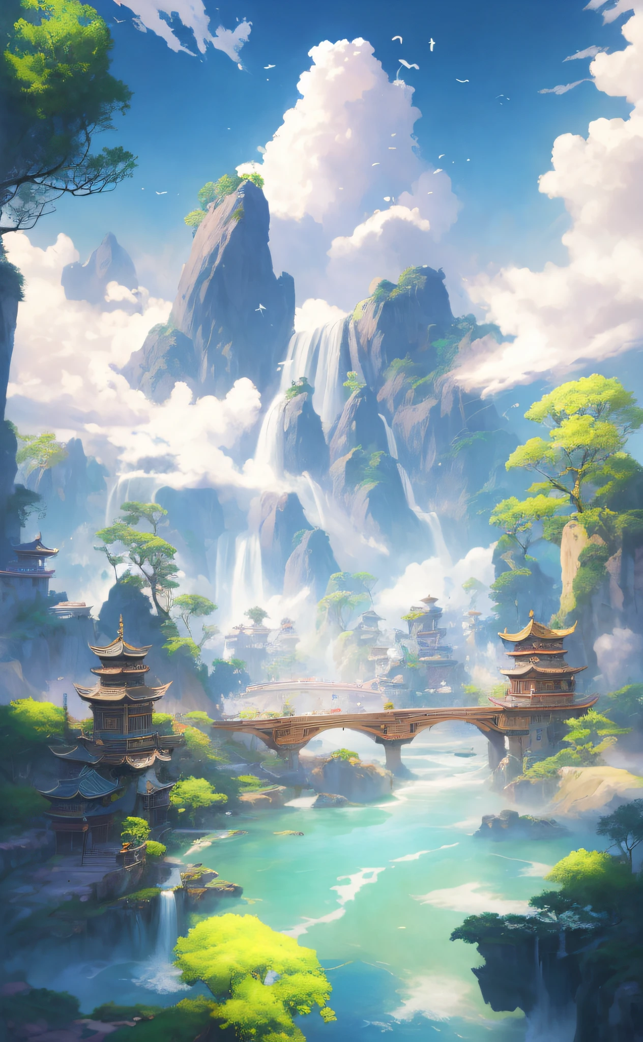 Paintings of waterfalls and bridges in the mountains, Rosla global lighting, ross tran. scenery background, Riot game concept art, wlop rossdraws, wlop and ross thran, Stylized concept art, andreas rocha style, Onmyoji detailed art, G Liulian art style, Unreal Engine fantasy art, arte de fundo