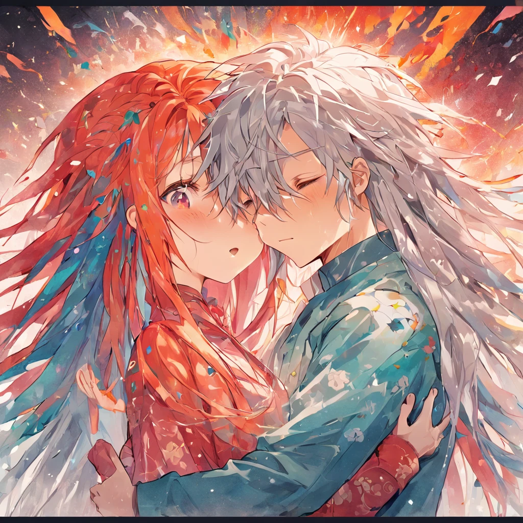 (White background:1.4),(A man and a woman hugged together，Eyes closed,Tears in her eyes and long colorful hair, Oriental elements)，(Chinese illustration:1.3，paper art:1.3, Quilted paper art:1.2),( reasonable design, Clear lines, High sharpness,Best quality, Very detailed, Masterpiece, movie light effect, 4K )