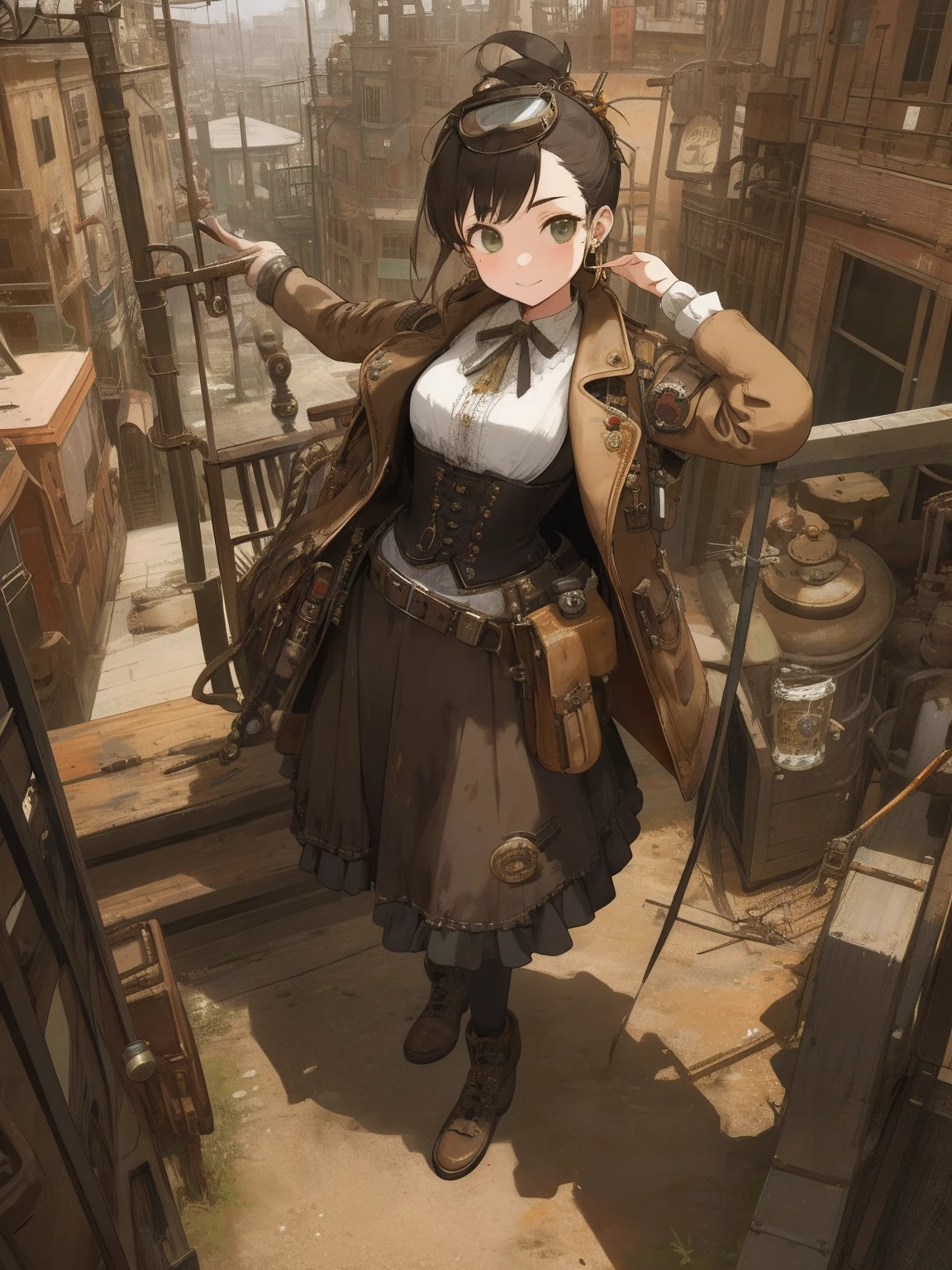 ​masterpiece, top-quality, 1girl in, The upper part of the body, Historical Background: Steampunk future、country: Scraptown、hairstyle on: Wear goggles upstyle、garments: Steampunk style jackets and corsets、shoe: Retro boots、accessorized: Scrap Metal Earrings、Angle from above,