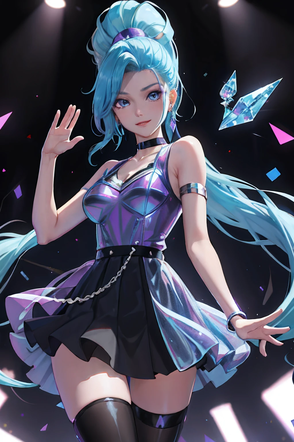 masterpiece, best quality, highres, seraphine1, 1girl, solo, blue hair, k/da \(league of legends\), very long hair, multicolored hair, jewelry, ponytail, blue eyes, earrings, dress, black choker, two-tone hair, purple hair, black thighhighs, bracelet, black skirt, crystal, large breasts, on the stage, waving