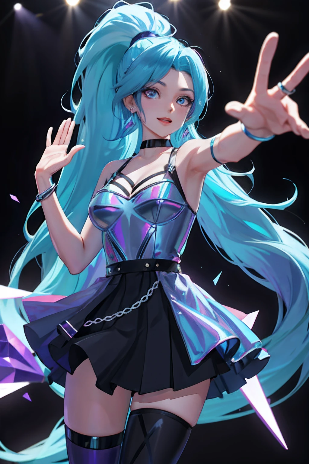 masterpiece, best quality, highres, seraphine1, 1girl, solo, blue hair, k/da \(league of legends\), very long hair, multicolored hair, jewelry, ponytail, blue eyes, earrings, dress, black choker, two-tone hair, purple hair, black thighhighs, bracelet, black skirt, crystal, large breasts, on the stage, waving