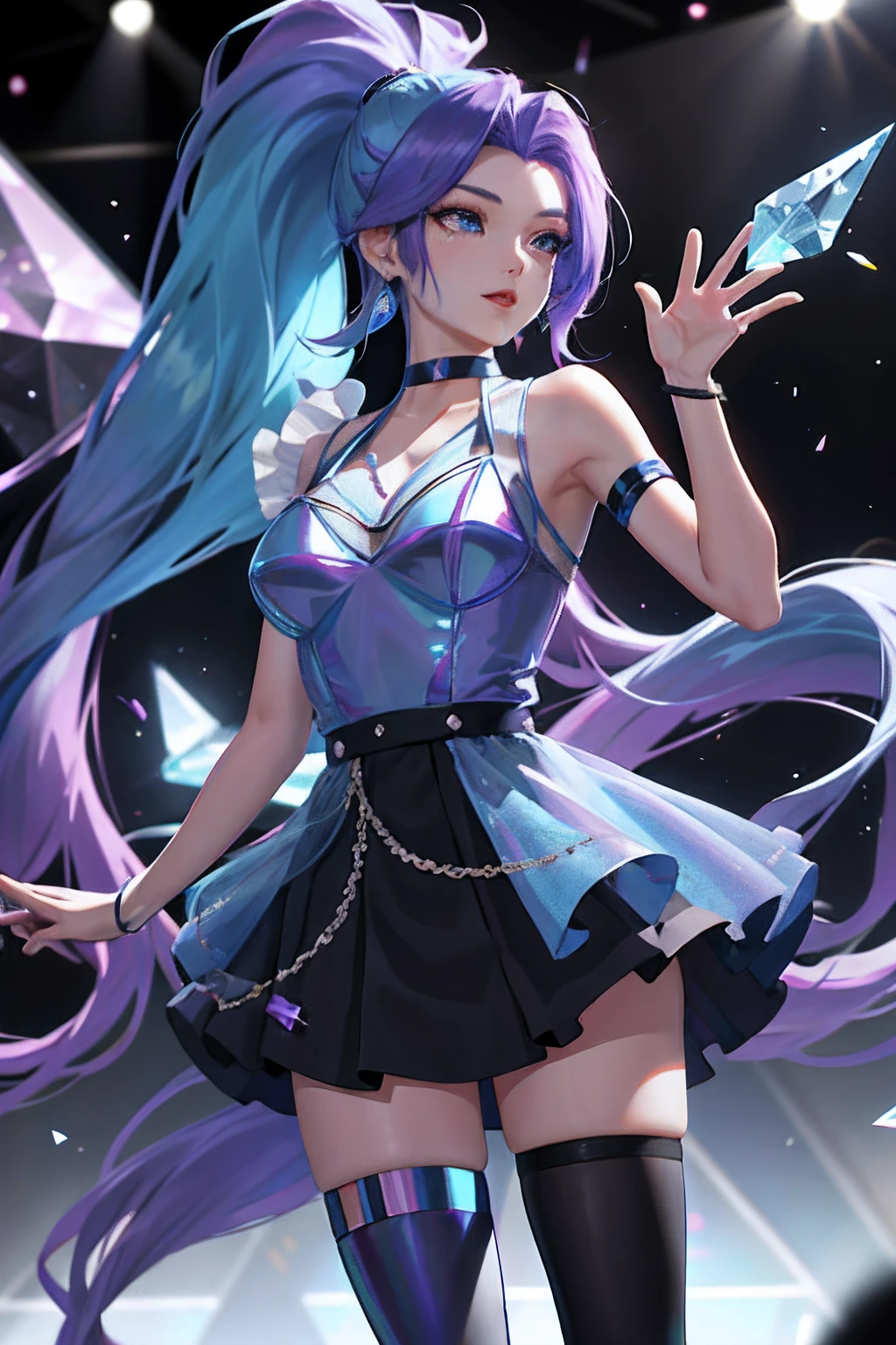 masterpiece, best quality, highres, seraphine1, 1girl, solo, blue hair, k/da \(league of legends\), very long hair, multicolored hair, jewelry, ponytail, blue eyes, earrings, dress, black choker, two-tone hair, purple hair, black thighhighs, bracelet, black skirt, crystal, large breasts, on the stage, waving