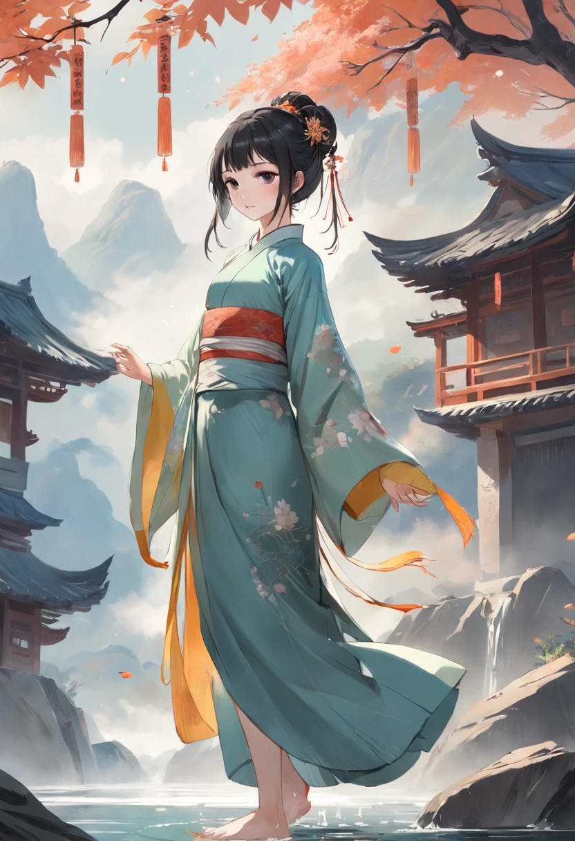 ((4k,masterpiece,best quality)), Shuimobysim Chinese painting, lotuses, Hanfu, maxiskit, Dress conservatively 1girl, solo, cabelos preto e longos, ssmile, standing on your feet, Feet in the water, The barefoot,tmasterpiece,best qualtiy,Sense of age,The paper is yellowed,ancient wind,Single color,Beautiful and moving,Fan in hand,Birds around the shoulders,In the distance are the mountains,full bodyesbian,The river flows from the hands
bright,cheerfulness,Warm soft lighting Epic fine character art,Stunning character art,The gods come,Worship of all things,Divine brilliance