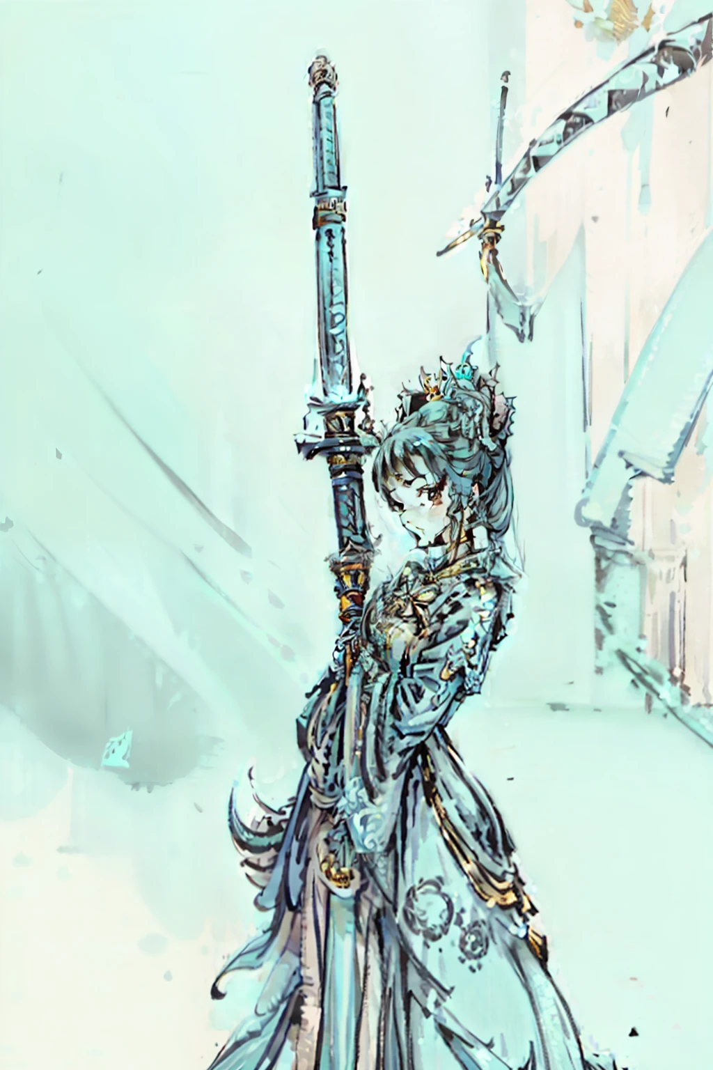 A palace maid with a saber in a turquoise-style costume