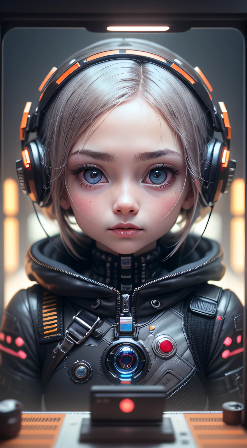 Extraordinary wide portrait of microscopic unknown little small adorable cyberpunk alien species over orange tech style of high tech fashion professional photography, 8k, adorable