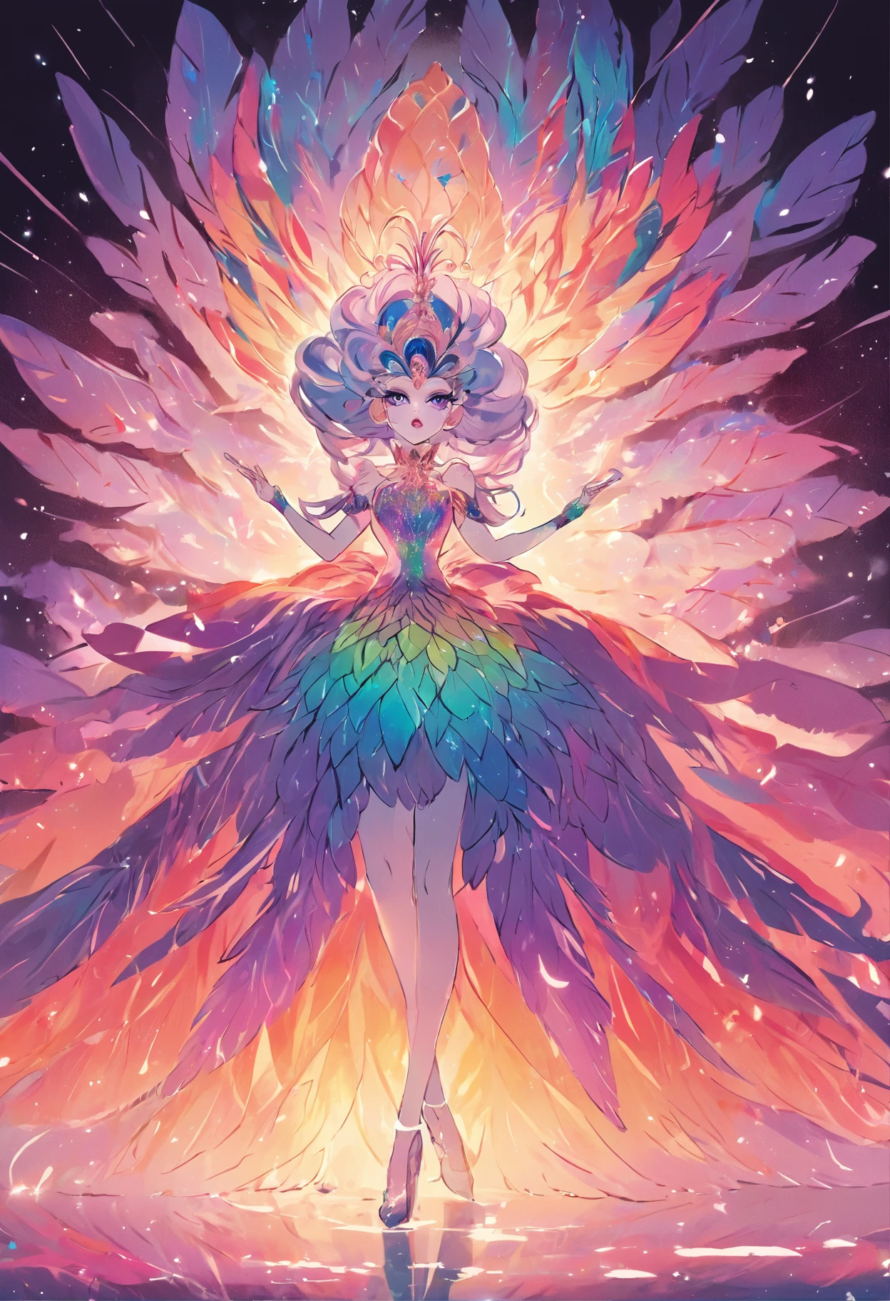 "A magnificent drag queen radiating a captivating and ethereal essence, reminiscent of the resplendent colors and grace of a majestic rainbow peacock."