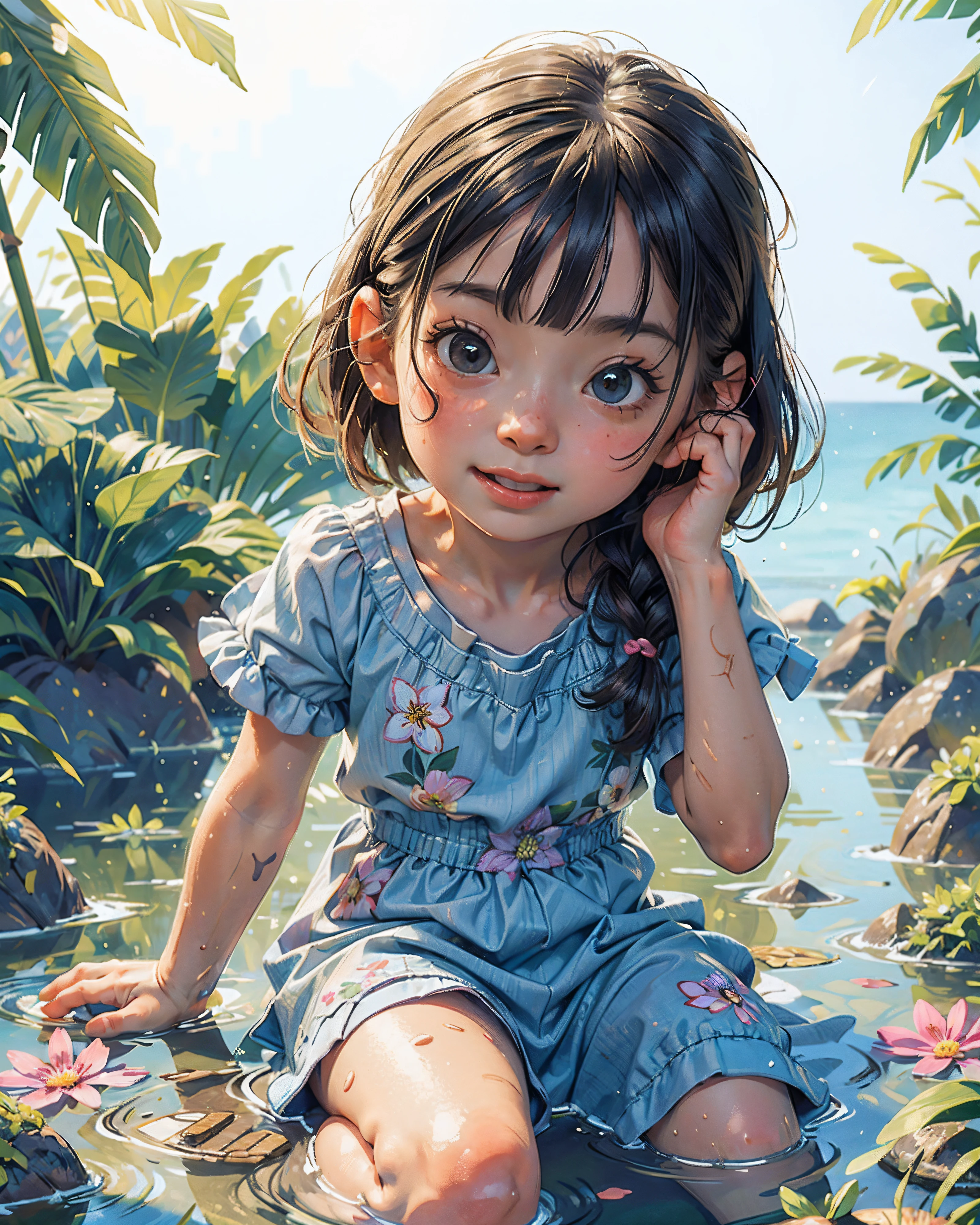 Little Girl, Water Play, Summer, Happy, Flower, Perfect Quality, Clear Focus (Clutter - Home: 0.8), (Masterpiece: 1.2) (Realistic: 1.2) (Bokeh) (Best Quality) (Detailed skin: 1.3) (Intricate Details) (8K) (Detail Eye) (Sharp Focus), (Happy)