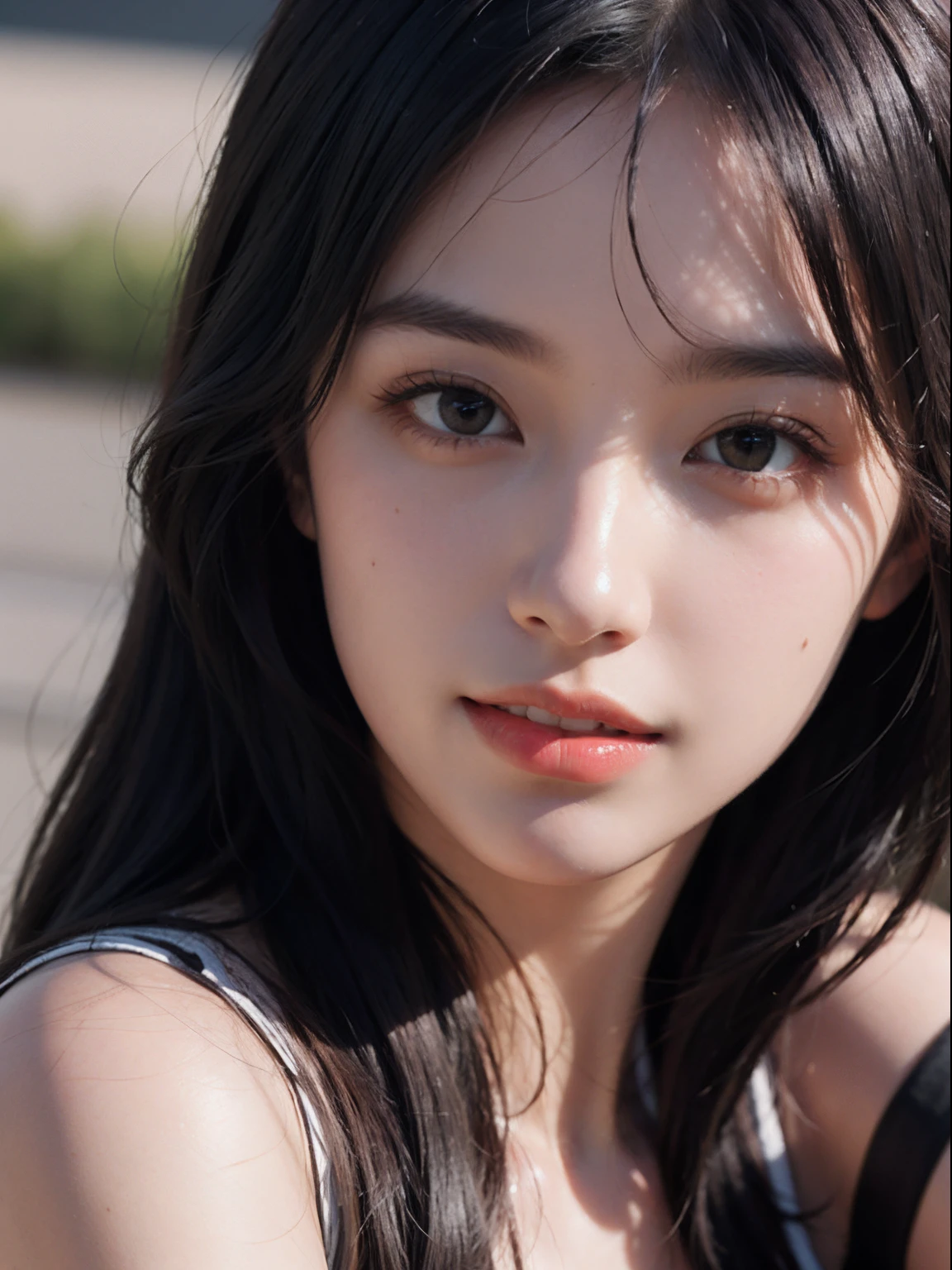 (realistic, photo-realistic:1.37),(8k, RAW photo, best quality, masterpiece:1.2), cute, ultra-detailed,heart-shaped pupils,physically-based rendering, ultra high res, kodakvision color, shot on Arricam LT Camera, bokeh, sharp focus,
looking at viewer,photorealistic,realistic, solo, photorealistic, best quality,extremely detailed face,extremely detailed eyes and face, beautiful detailed eyes,absurdres, incredibly absurdres,haunting smile,Messy hair, floating hair, ,