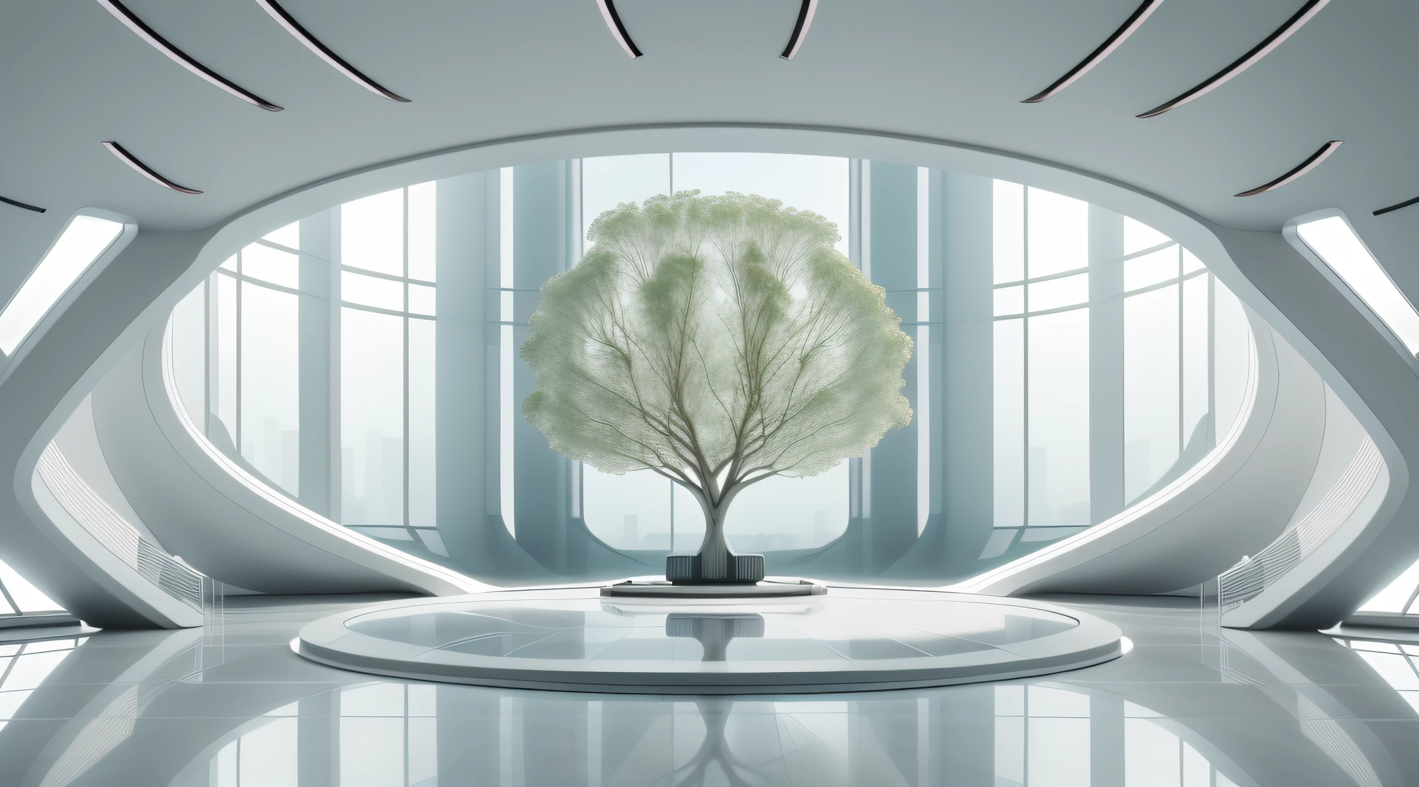 Futuristic minimalist white sci-fi studio,There is a large glass podium in the center of the stage,There is a tree of souls on each side,On the distant wall is a giant AI brain, first person perspective,wide wide shot,in a panoramic view,35mm,highlight,high detal,8k,A high resolution