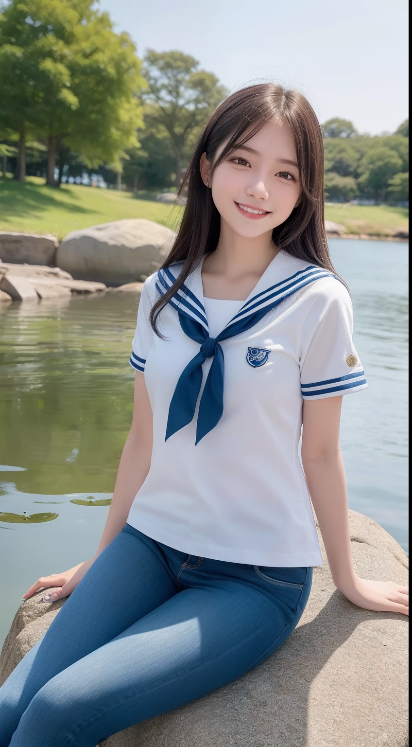 A smiling girl，In sailor suit，Blue skinny jeans，Sitting on a large rock by the pond，com rosto detalhado，The eyes are delicate，The photo quality is the best，Realistic image quality，Background diffuse lighting，Depth of field display。