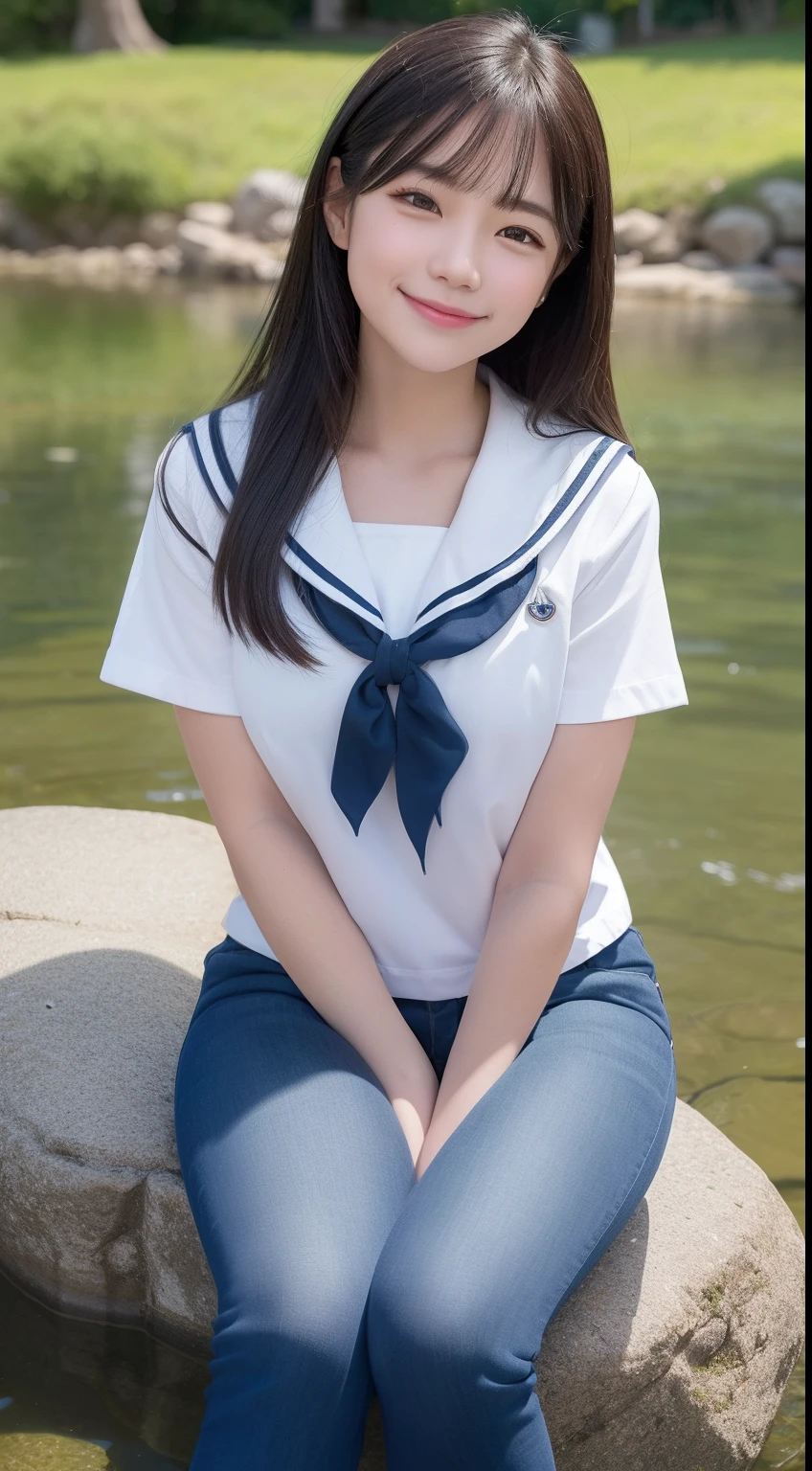 A smiling girl，In sailor suit，Blue skinny jeans，Sitting on a large rock by the pond，com rosto detalhado，The eyes are delicate，The photo quality is the best，Realistic image quality，Background diffuse lighting，Depth of field display。