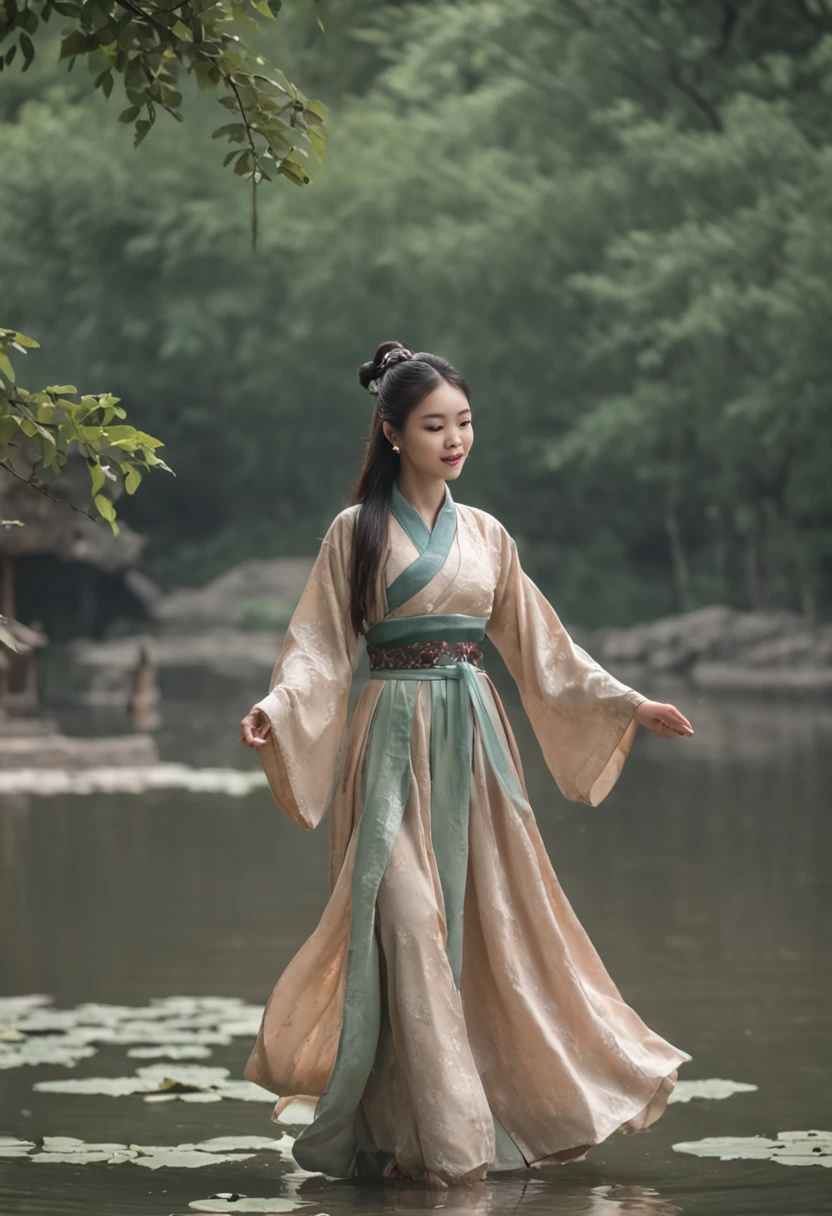 ((4k,masterpiece,best quality)), Shuimobysim Chinese painting, lotuses, Hanfu, maxiskit, Dress conservatively 1girl, solo, cabelos preto e longos, ssmile, standing on your feet, Feet in the water, The barefoot,tmasterpiece,best qualtiy,Sense of age,The paper is yellowed,ancient wind,Single color,Beautiful and moving,Fan in hand,Birds around the shoulders,In the distance are the mountains,full bodyesbian,The river flows brightly from the hands,cheerfulness,Warm soft lighting Epic fine character art,Stunning character art,The gods come,Worship of all things,Divine brilliance