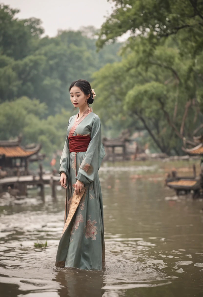 ((4k,masterpiece,best quality)), Shuimobysim Chinese painting, lotuses, Hanfu, maxiskit, Dress conservatively 1girl, solo, cabelos preto e longos, ssmile, standing on your feet, Feet in the water, The barefoot,tmasterpiece,best qualtiy,Sense of age,The paper is yellowed,ancient wind,Single color,Beautiful and moving,Fan in hand,Birds around the shoulders,In the distance are the mountains,full bodyesbian,The river flows brightly from the hands,cheerfulness,Warm soft lighting Epic fine character art,Stunning character art,The gods come,Worship of all things,Divine brilliance
