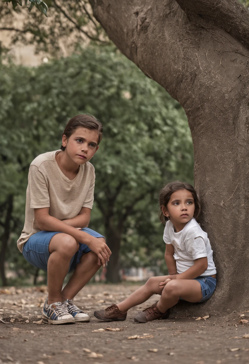 Una ciudad triste, There is a sad boy and girl, sentados en la banca del parque, ciudad llena de basura, abandonada, Dead trees,