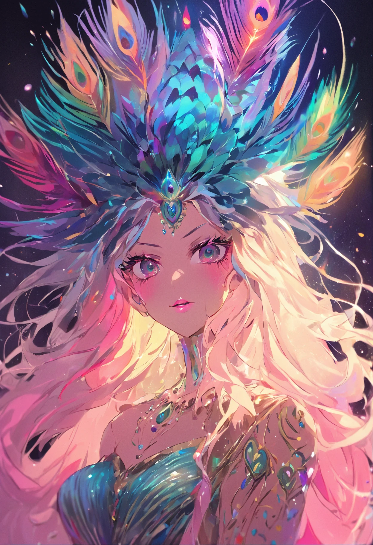 "A magnificent drag queen radiating a captivating and ethereal essence, reminiscent of the resplendent colors and grace of a majestic rainbow peacock."